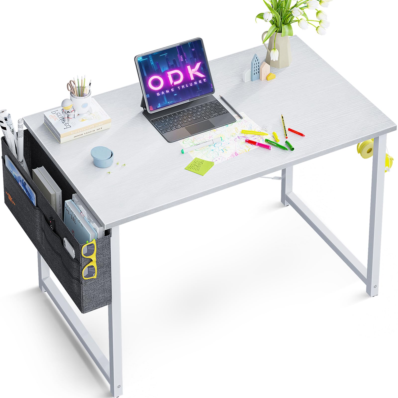 ODK Mesa Pequeña, Escritorio de Ordenador con Bolsa de Almacenaje y Gancho para Auriculares Mesa de Escritura de Ordenador para Oficina, Dormitorio (Blanco, 80x40x73.2cm)