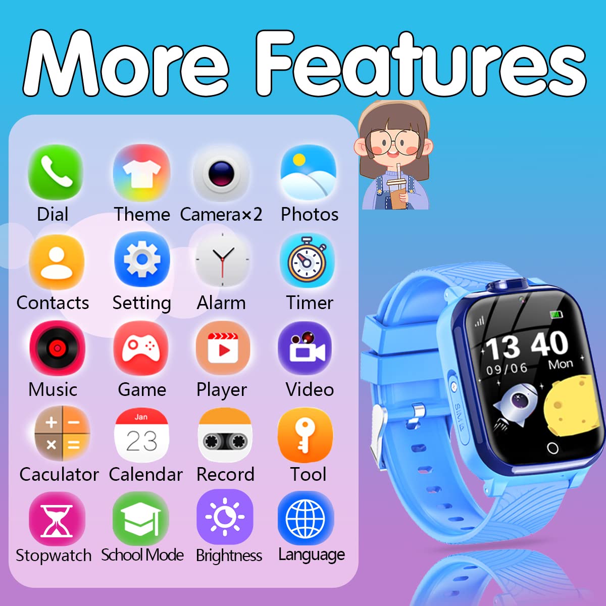 DDIOYIUR Bambini Smartwatch, Orologio Intelligente per Bambini Touch Screen con musicale,registratore,SOS,gioco,doppia fotocamera,chiamata,sveglia,calendario, Ragazzi e Ragazze Regalo per Studenti