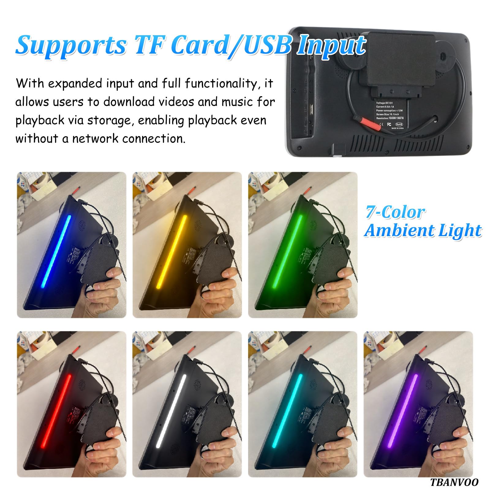 Doppio Lettore DVD per Poggiatesta Auto 10,1"/11,6" con Luce Ambientale 7 Colori & Touch Screen Android, Supporta la Funzione Specchio del Telefono 11.6in