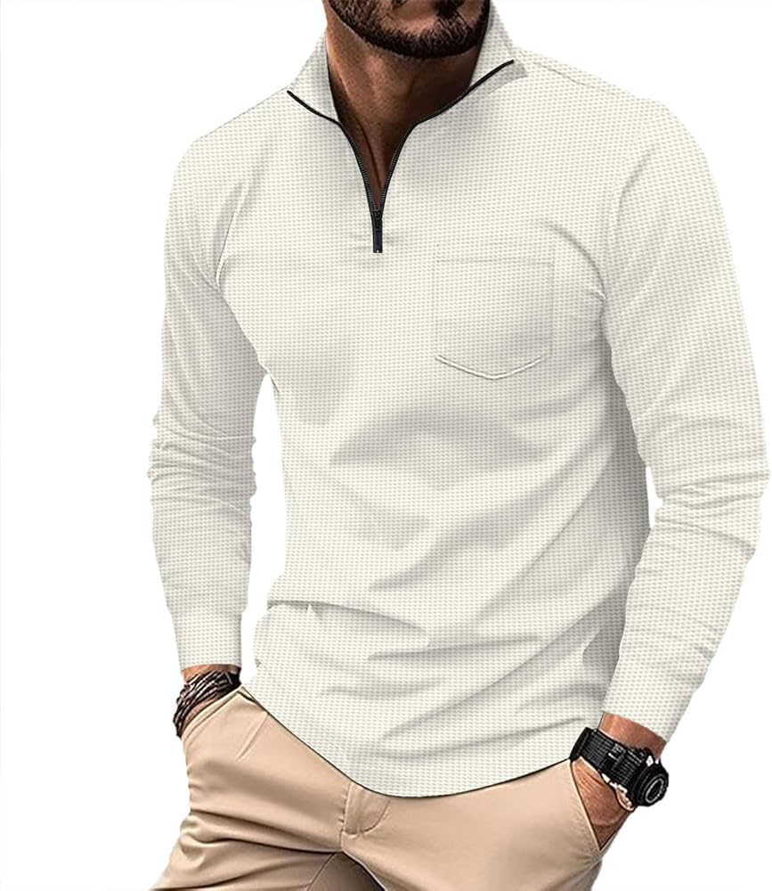 ROOMLINE S Apricot Waffle Men's Quarter Zip Polo Shirts Long
