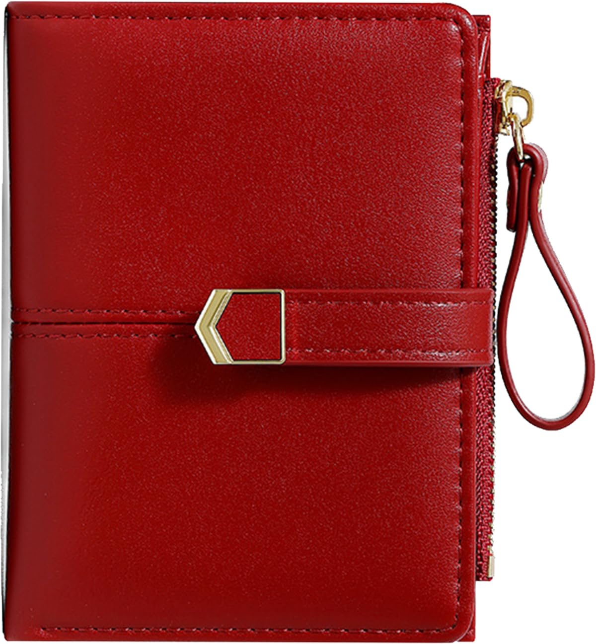 Farcauo Cute Red Small Wallet for Women and Girls Minimalist Leather Coin Purse with Simple Buckle Kawaii Travel Wallet with ID Window Compact Cash Wallet for Ladies and Teens