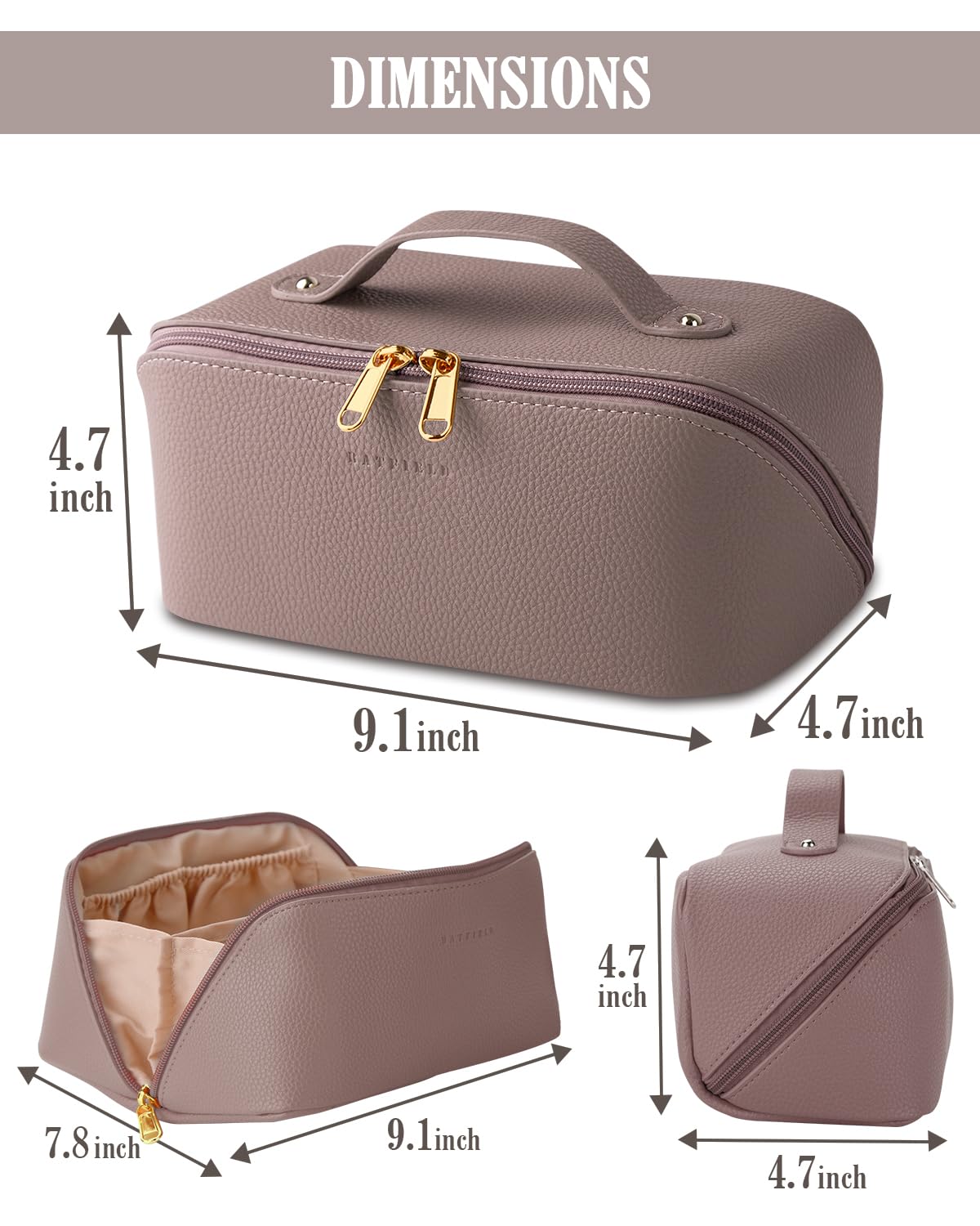 BATFIELD Borsa cosmetica da donna, borsa per trucchi in pelle PU litchi per donne, borsa da viaggio cosmetica di grande capacità, borsa portatile per kit di trucco con manico e divisore, borsa