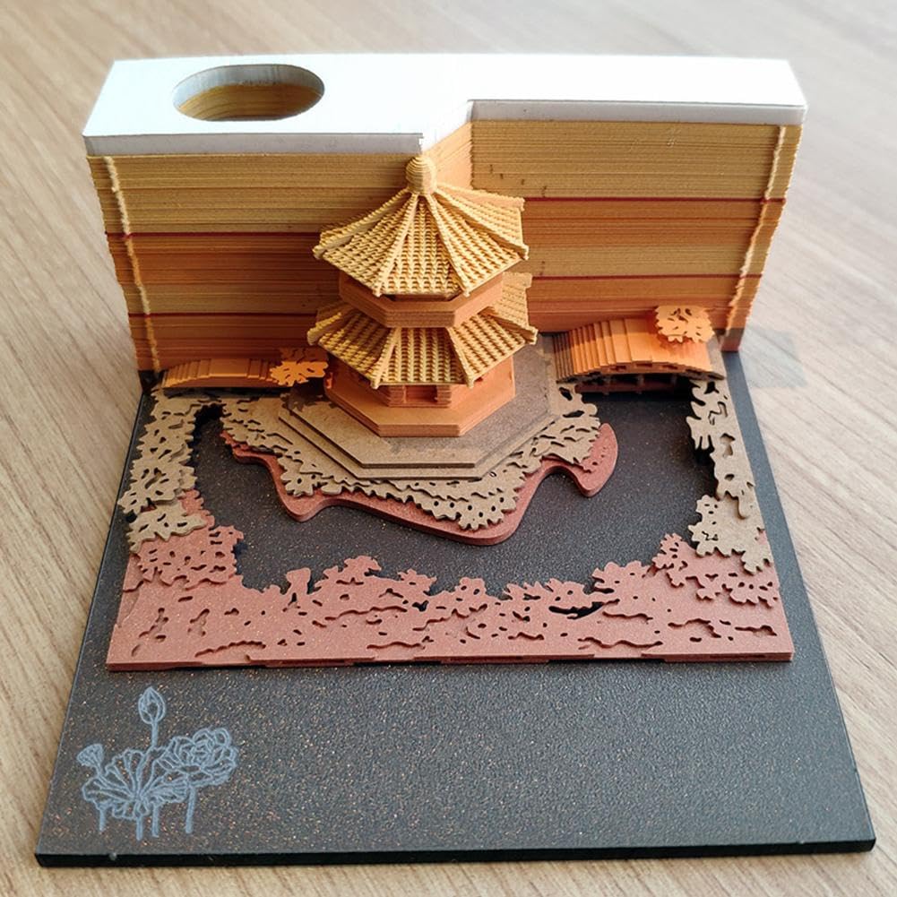 3D-Notizblock mit Licht, 3D-Papierschnitzerei, Gartenpavillon, geschnitzter Notizblock mit Lichtern, Büro-Schreibtisch-Ornament, zum Abreißen, Papierbasteln, Gartenpavillon, für Zuhause, Büro,