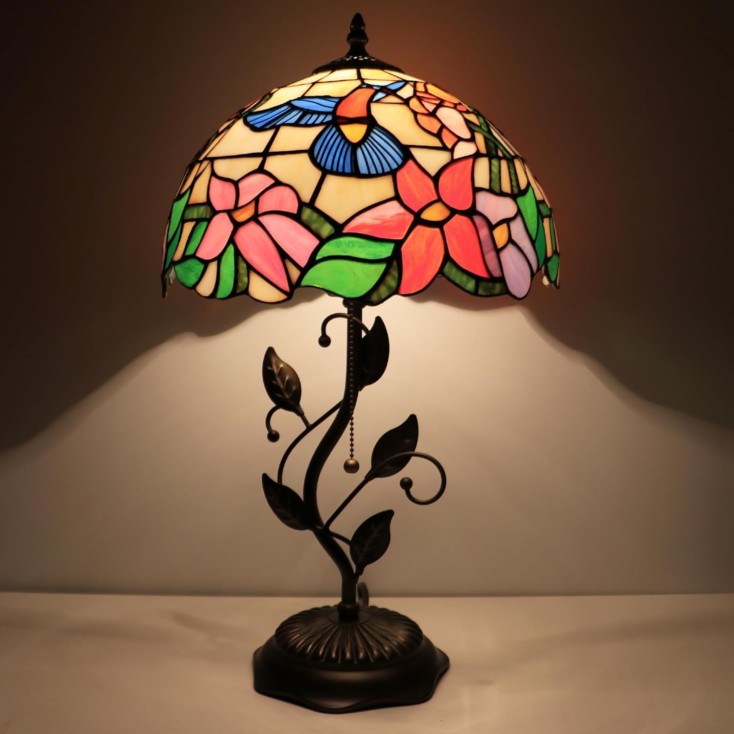 Tiffany Lamp Hummingbird Style Stained Glass Table Lamp Desk Bedside Reading Light 12X12X19 Inches with Metal Leaf Base