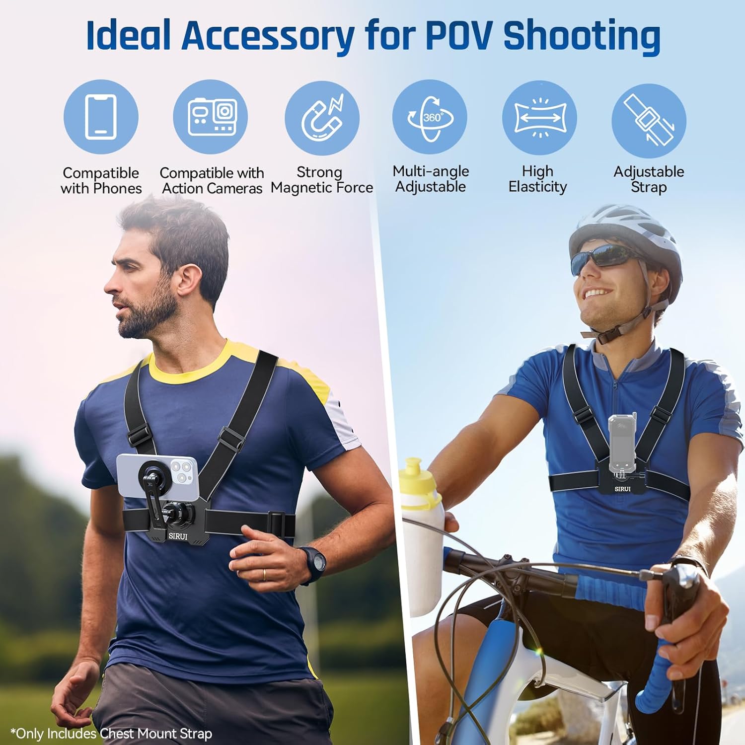 Sirui Quick Release Chest Mount for Action Camera & Phone, Magnetic Adjustable Camera Body Strap with Metal Rings, Body Phone Holder for POV, AM-AC02