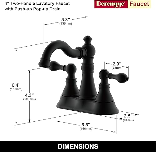 Miniatura 2 de Grifo de baño de dos manijas negro mate de 3 agujeros con montaje de drenaje desplegable, grifo de lavabo clásico de 4 pulgadas con boquilla