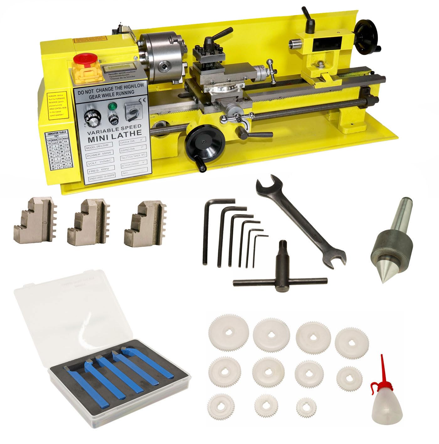 Erie Tools 7x14 Mini Lathe Bundle with 5PC Cutter Kit and MT2 Rolling Center