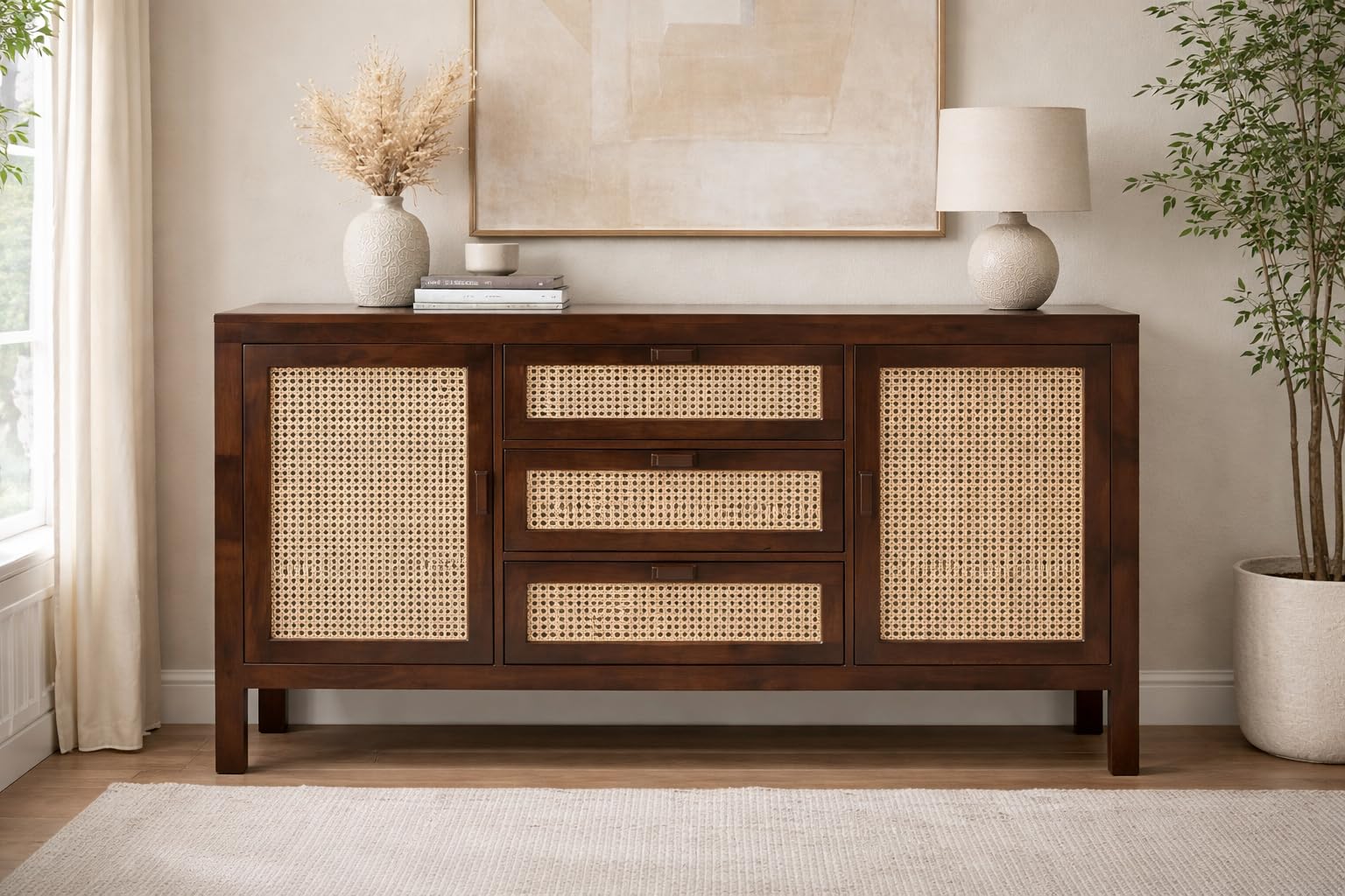 Wooden Rattan Sideboard 150x40x85 cm | 3 Drawer & 2 Door Storage Cabinet Solid Mango Wood Natural Lacquered Finish Handcrafted Handles | Living Room Furniture (Walnut)-image-43