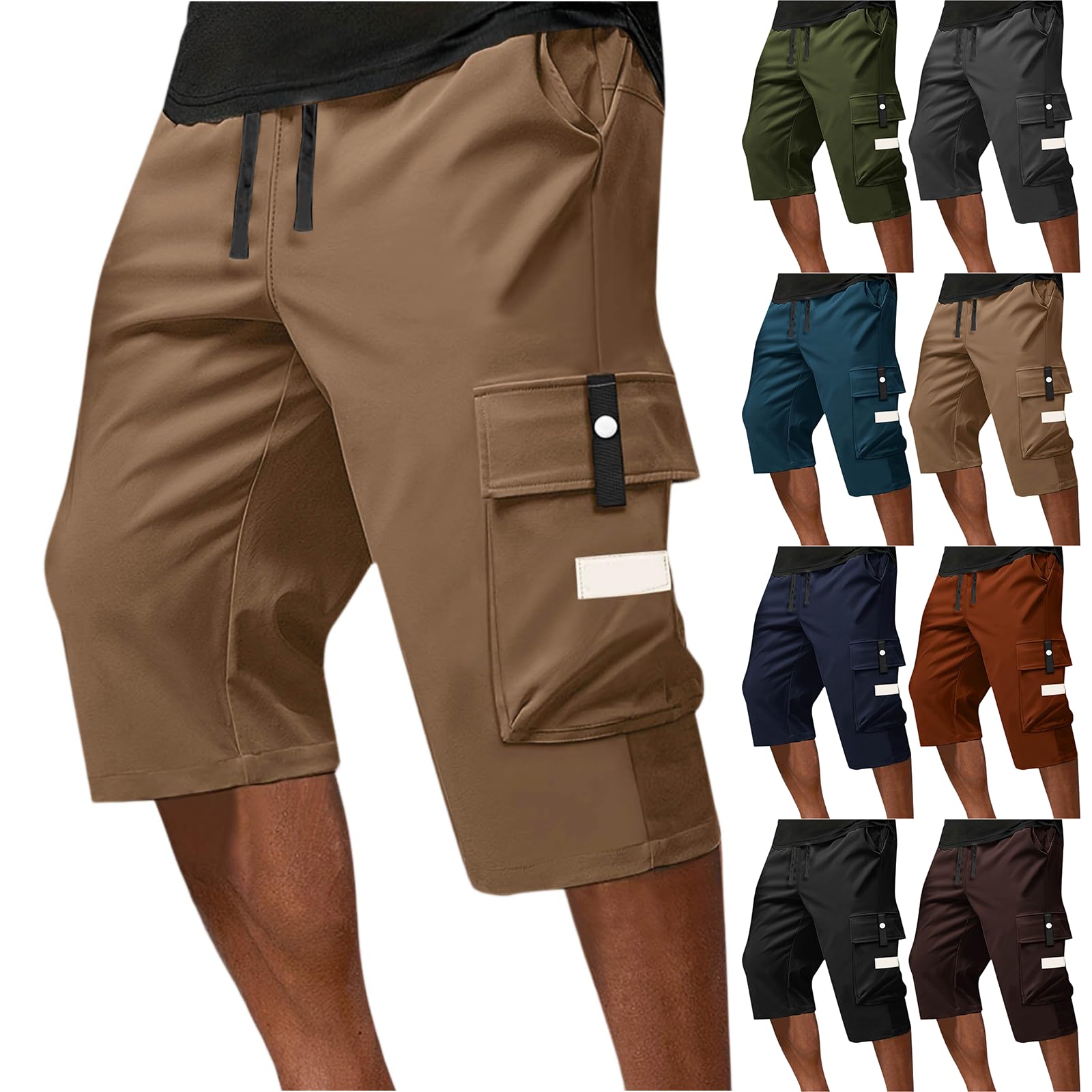 Below The Knee Shorts for Men Stretch Flex Quick Dry Cargo Shorts with Pockets Waterproof Hiking Work 3/4 Pants Big and Tall Ripstop Tactical Long Short Relaxed Fit Outdoor Construction Capris Pants