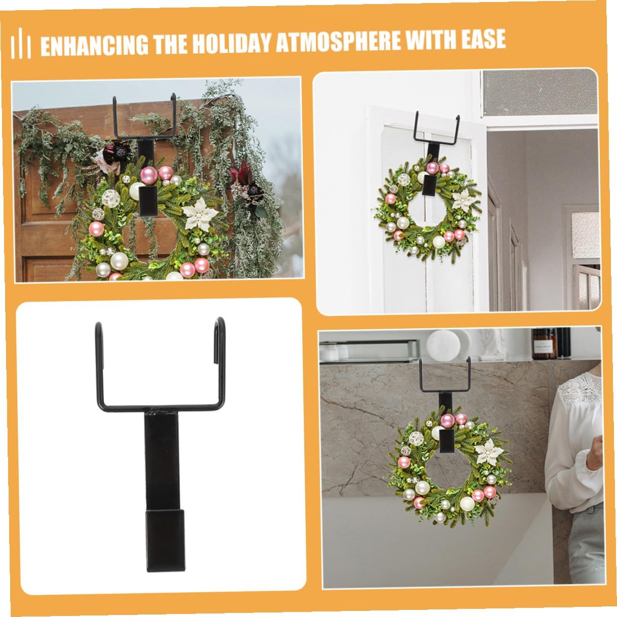 PRETYZOOM 4pcs Black Cast Iron Wreath Hangers for Front Door Over The Door Garland Hooks Sturdy Double Hooks for Christmas and Holiday Decorations