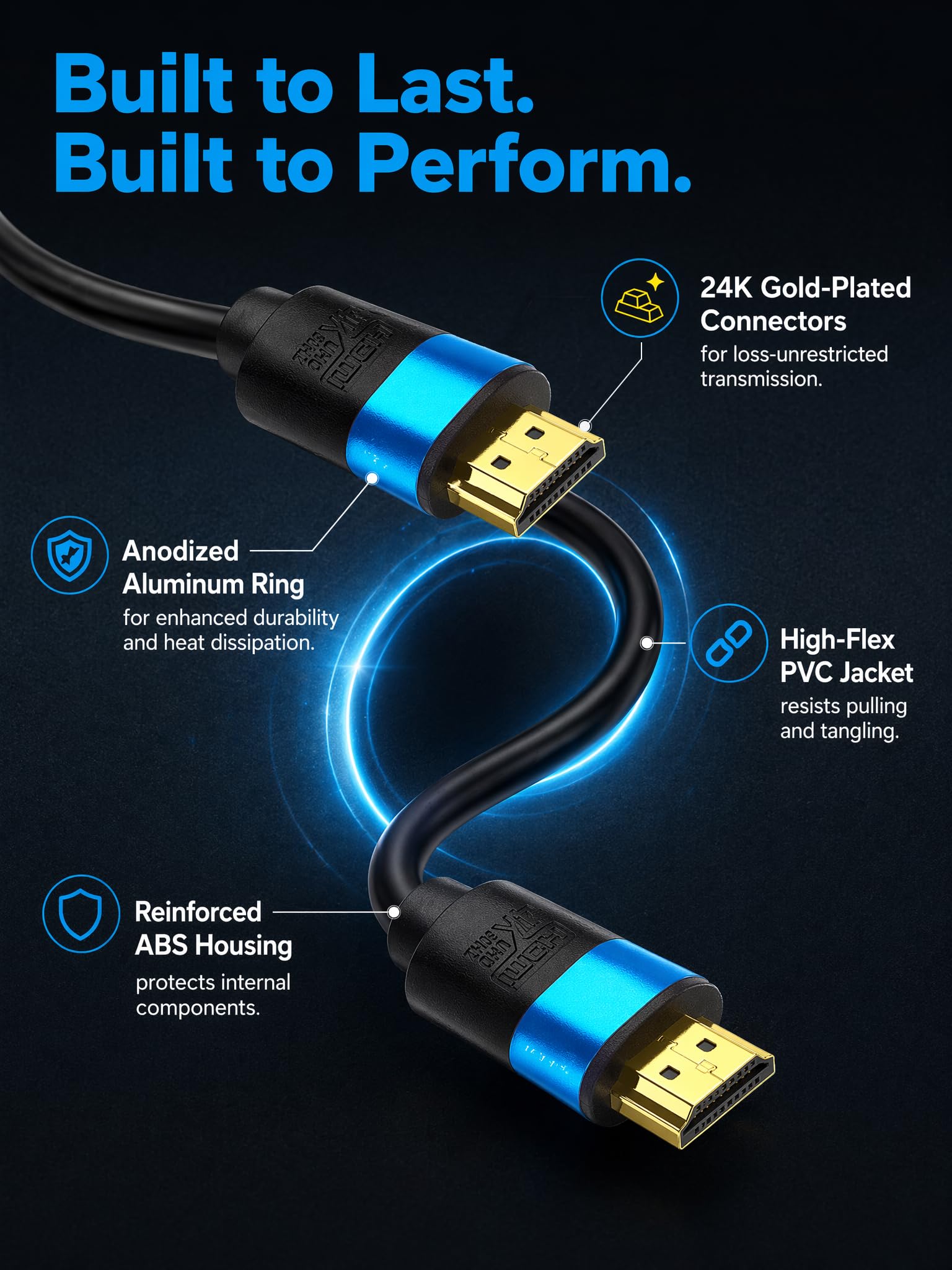 Cable HDMI largo 4K de 60 pies, cable HDMI de alta velocidad, conector dorado (azul) 4K @60Hz DTS:X, HDCP 2.2 y 2.3, HDR 10 compatible con Roku TV/PS5/HDTV/Blu-ray