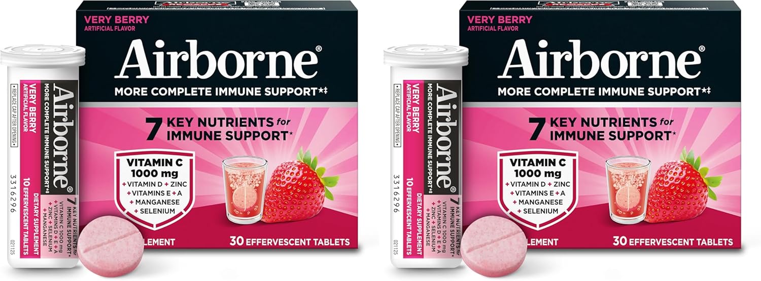 Airborne 1000mg Vitamin C with Vitamin D & Zinc, Sugar Free Multivitamin Immune Support Supplement, Antioxidants Vitamins A C & E, Very Berry Flavor, 30 Tablets (Pack of 2)