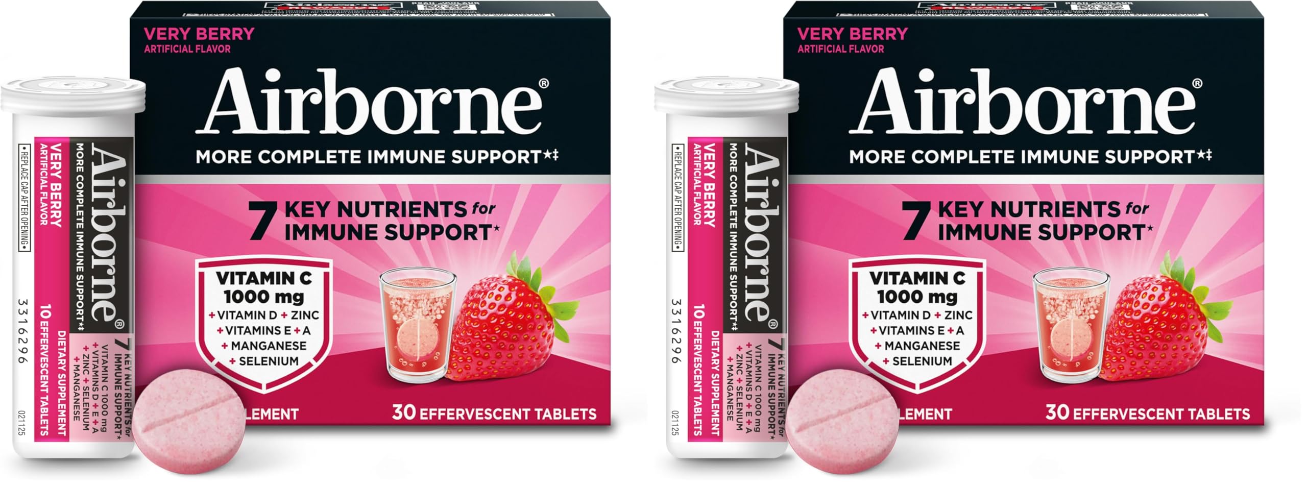 Airborne 1000mg Vitamin C with Vitamin D & Zinc, Sugar Free Multivitamin Immune Support Supplement, Antioxidants Vitamins A C & E, Very Berry Flavor, 30 Tablets (Pack of 2)