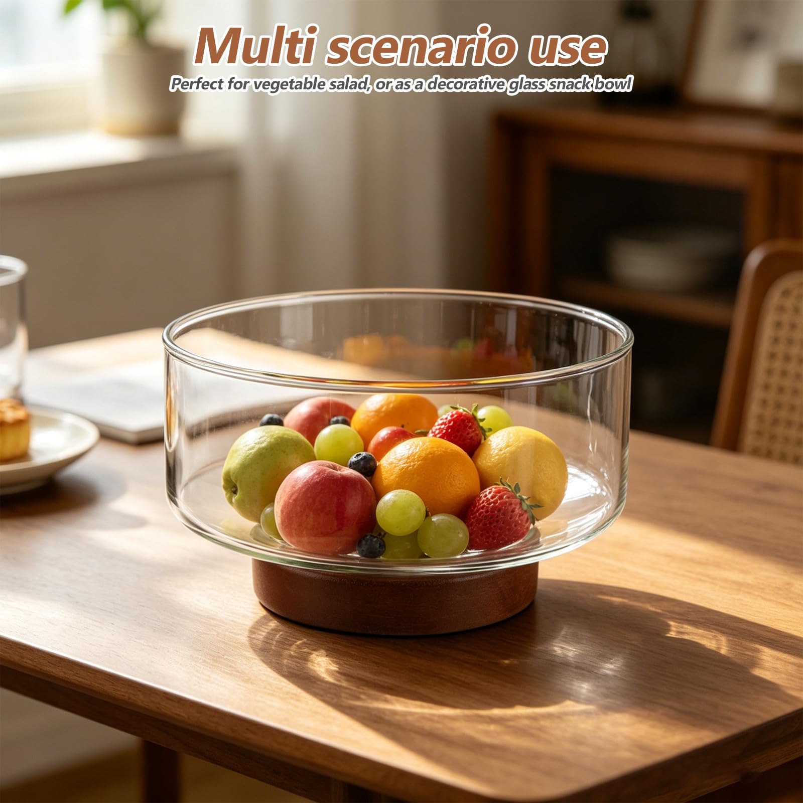 Ensaladera de Vidrio con Base de Madera Estable y Capacidad de 1.7l, Resistente Temperatura, Adecuado para Servir Ensaladas y Entretener Invitados