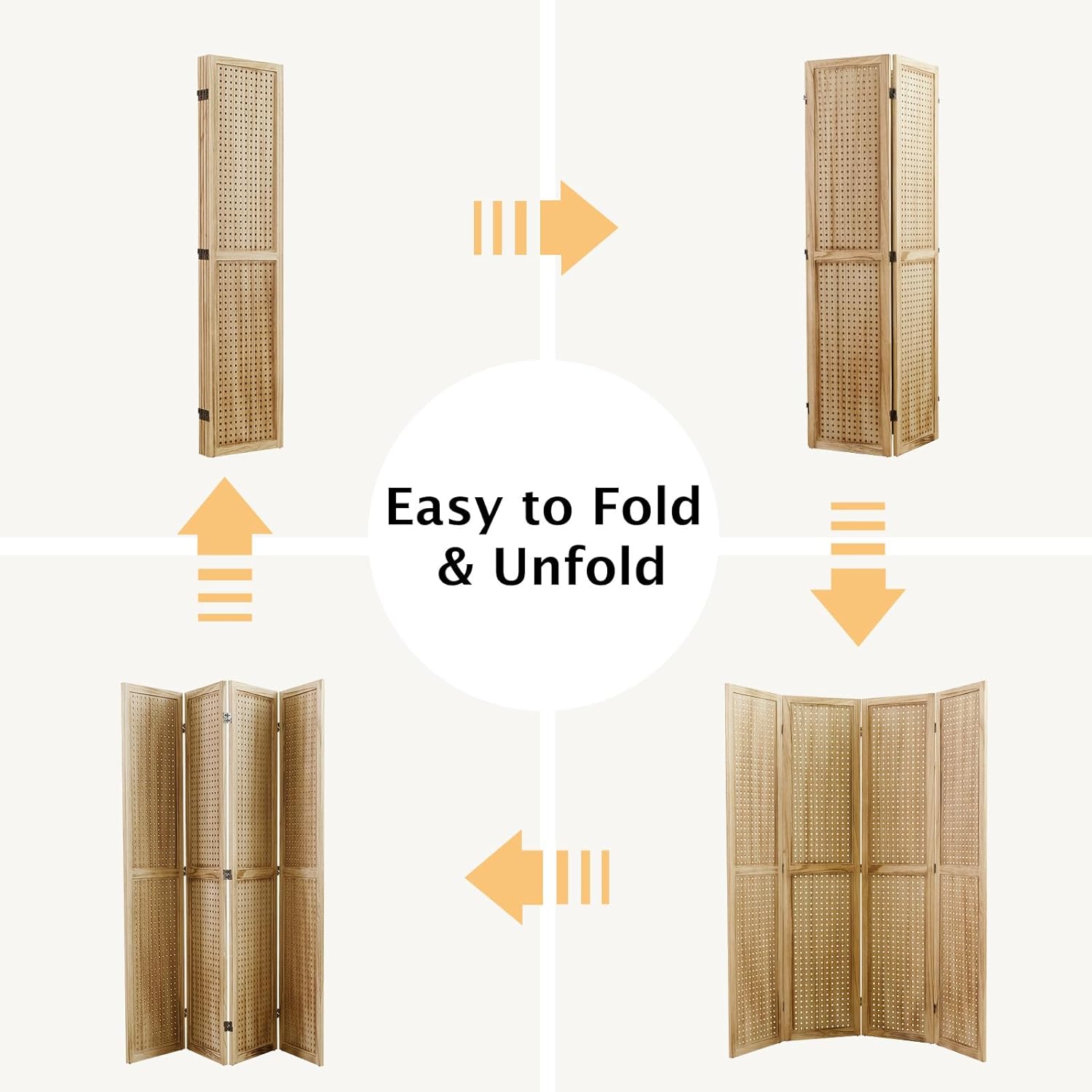 Pegboard Display, 5.6Ft Wooden Room Divider Folding Privacy Screens Portable Freestanding Wall Organizer for Retail Craft Art Display Board (4panels, Natural)