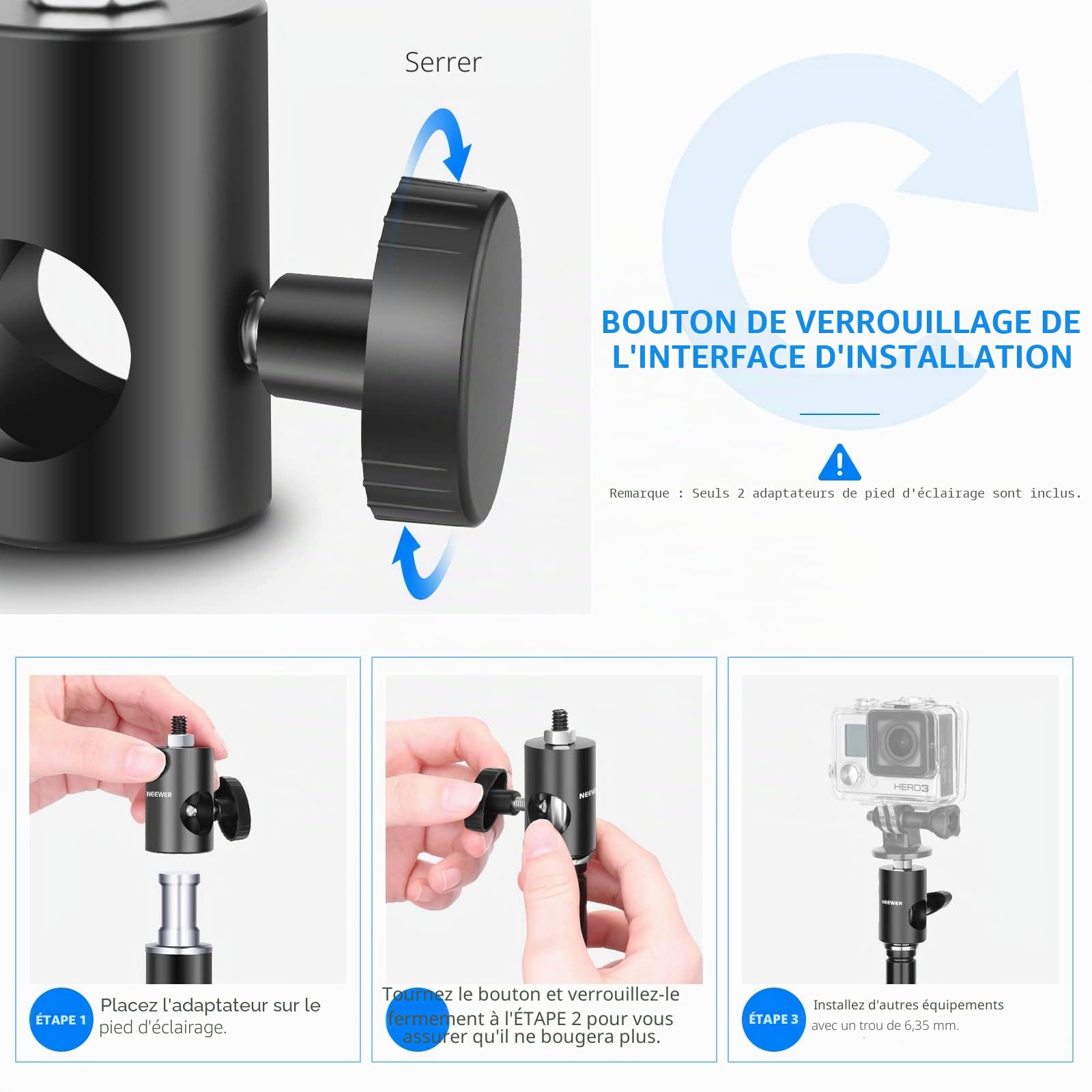 NEEWER 2 Packs Adaptateur Rapide Convertir avec Vis 1/4",Adaptateur de Pointe pour Support d'éclairage Multifonctionnel-Convient pour Le Support de Caméra, pour Studio Photo- ST12