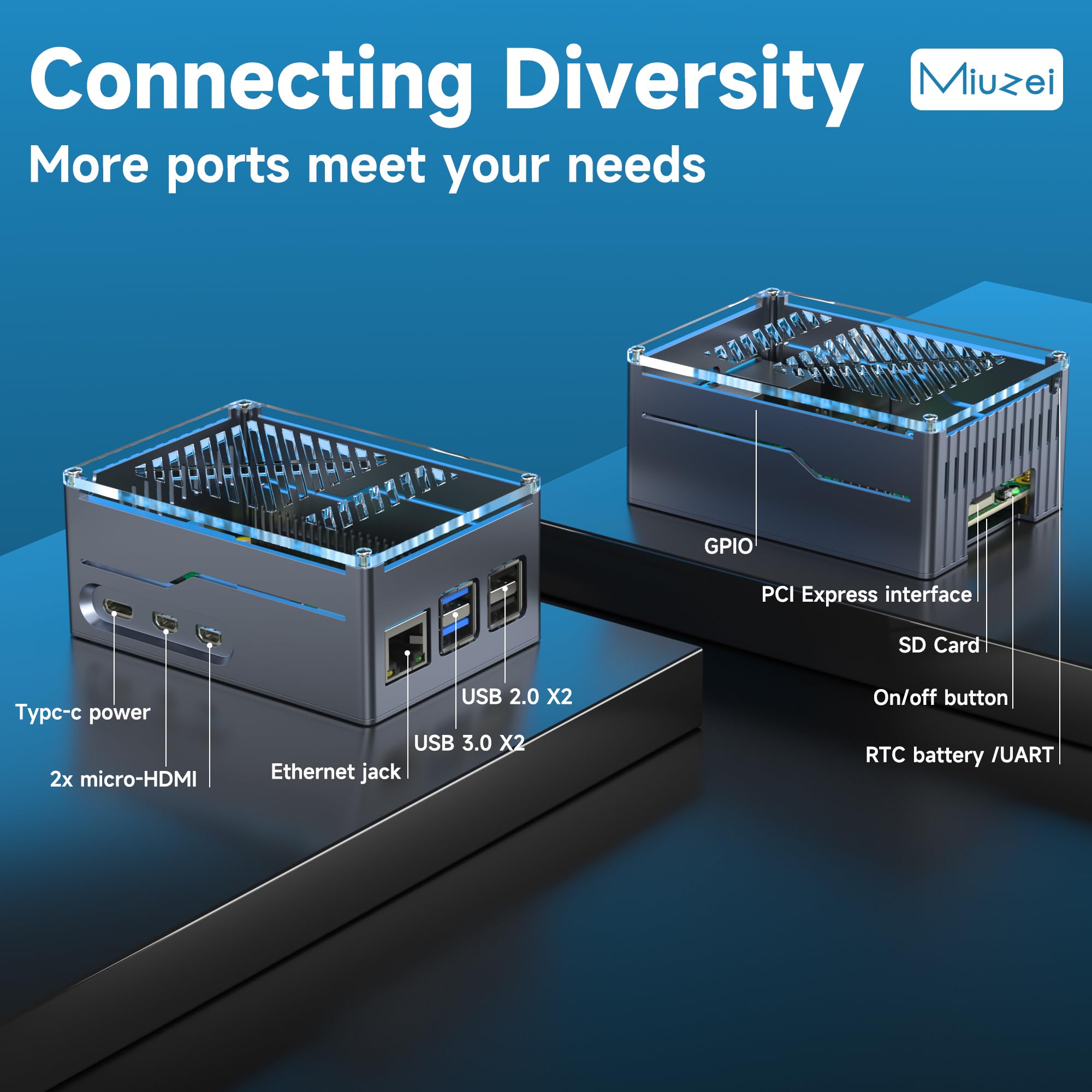 Miuzei Raspberry Pi 5 obudowa Support Top PCIe M.2 NVMe SSD Hat i Active Cooler Metal Aluminium Case for Raspberry Pi 5 4 GB/8 GB obsługuje X1001 X1000 X1000 X1003 Hats Gray