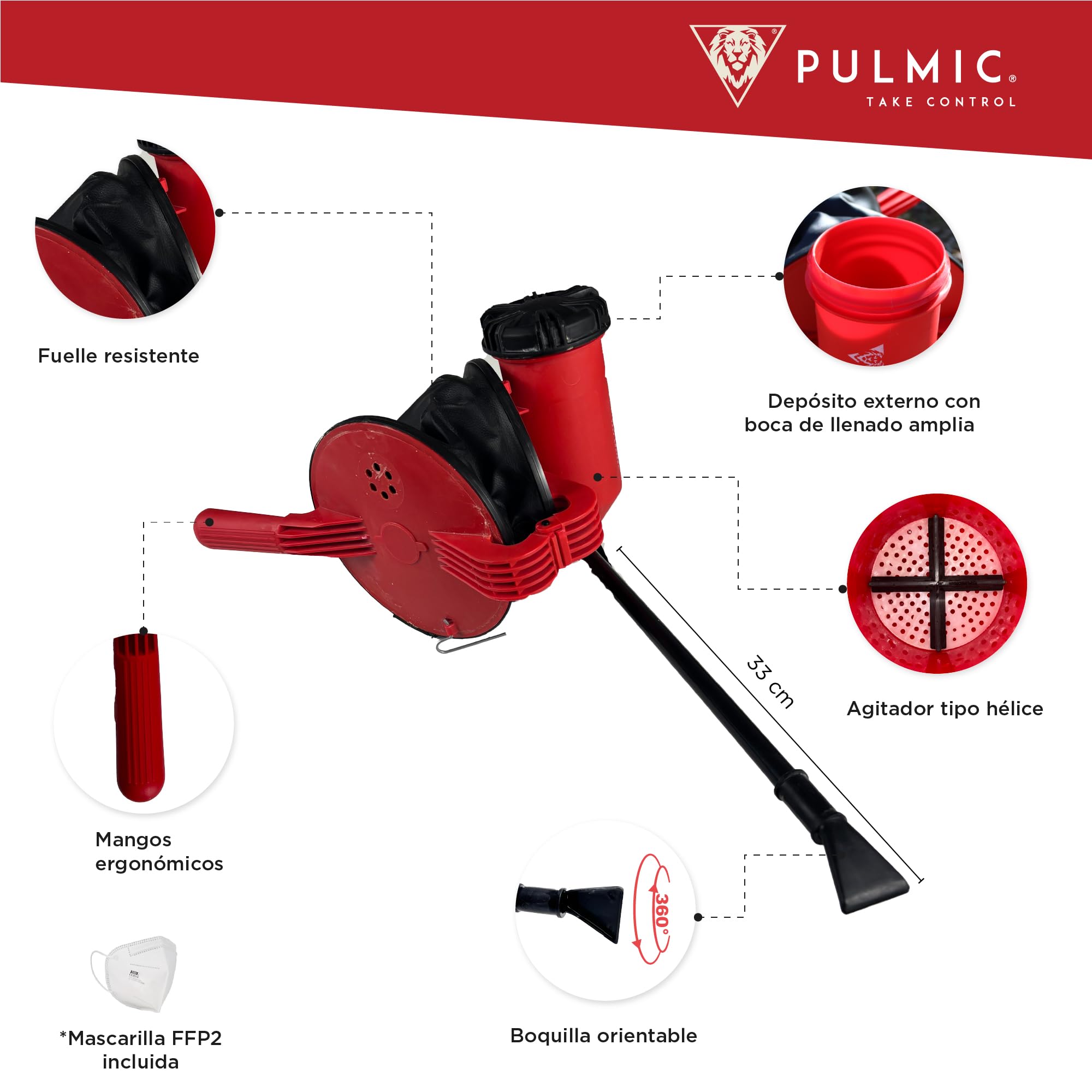 Espolvoreador Azufre, Tierra de Diatomeas e Insecticidas .Pulverizador de Polvo con Agitador, Boquilla y Tubo Orientable .Fuelle para Fumigar Polvo con Agitador. Azufradora 1,5kg Fabricado en España