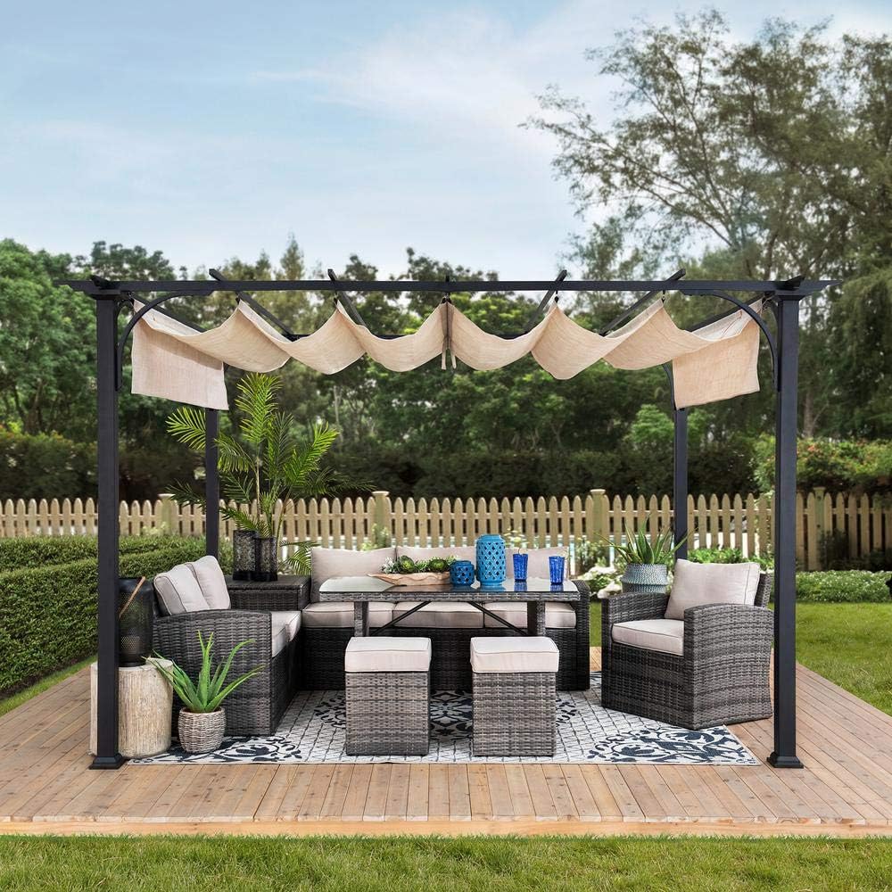 Sunjoy pergola with canopy partially retracted, allowing for partial sun exposure