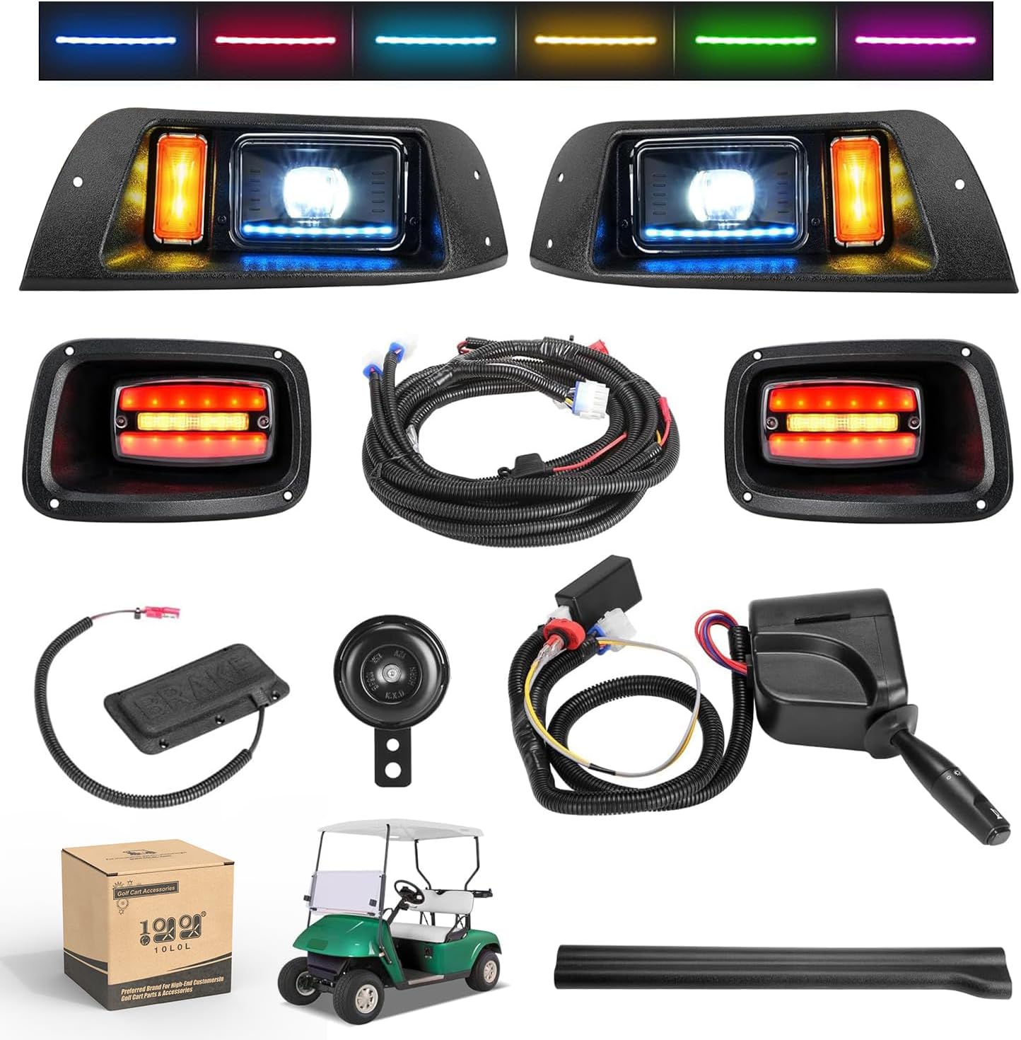 10L0L Deluxe Golf Cart Light Kit for EZGO TXT 1996-2013 12V-48V, Headlight Taillight with RGB Daytime Running Lamp Low High Beam Turn Signal Brake Pad Hazard Light