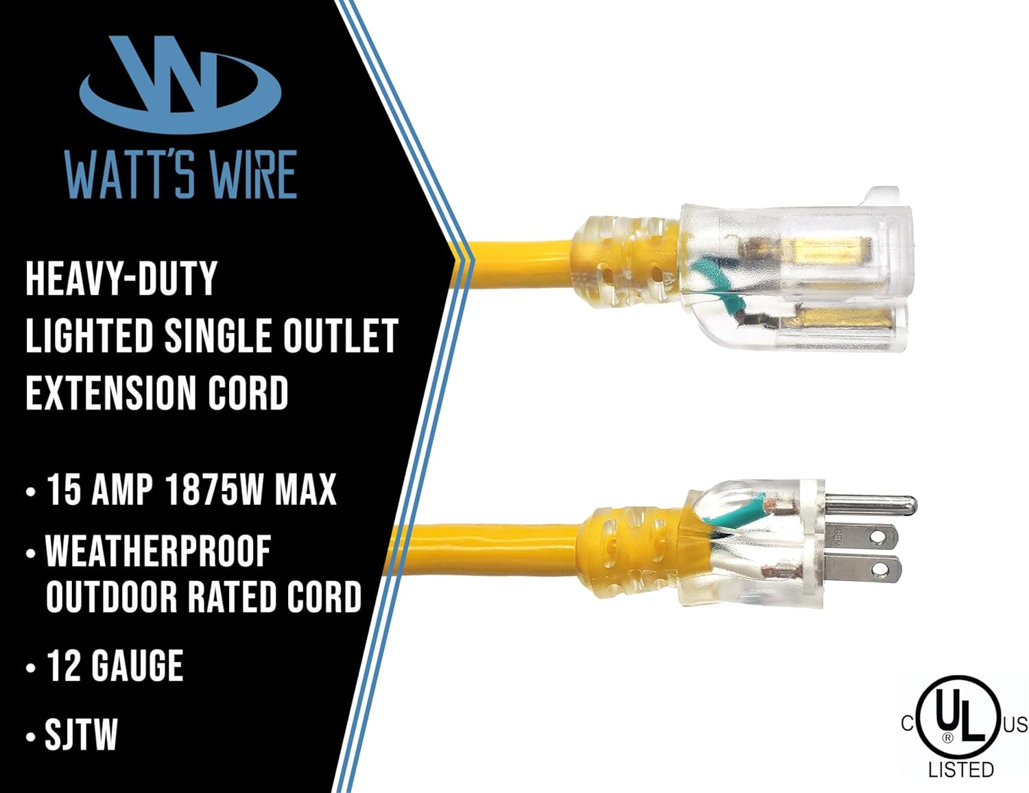 50 ft Outdoor Extension Cord Waterproof - 12 Gauge Heavy Duty Extension Cord 50 ft - Lighted Outdoor Extension Cords - Watts Wire - 50' Grounded - extensiones electricas