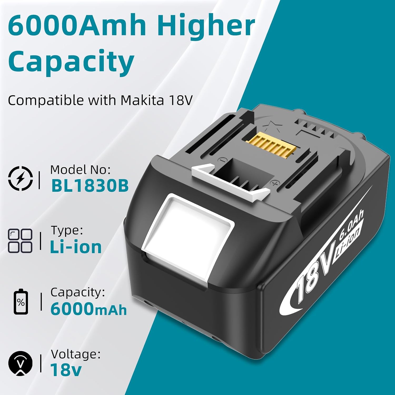2 Pack 18V 6.0Ah Battery for Makita 18 Volt Lithium Ion BL1860B BL1850B BL1840B BL1830B BL1815B Batteria Replacement