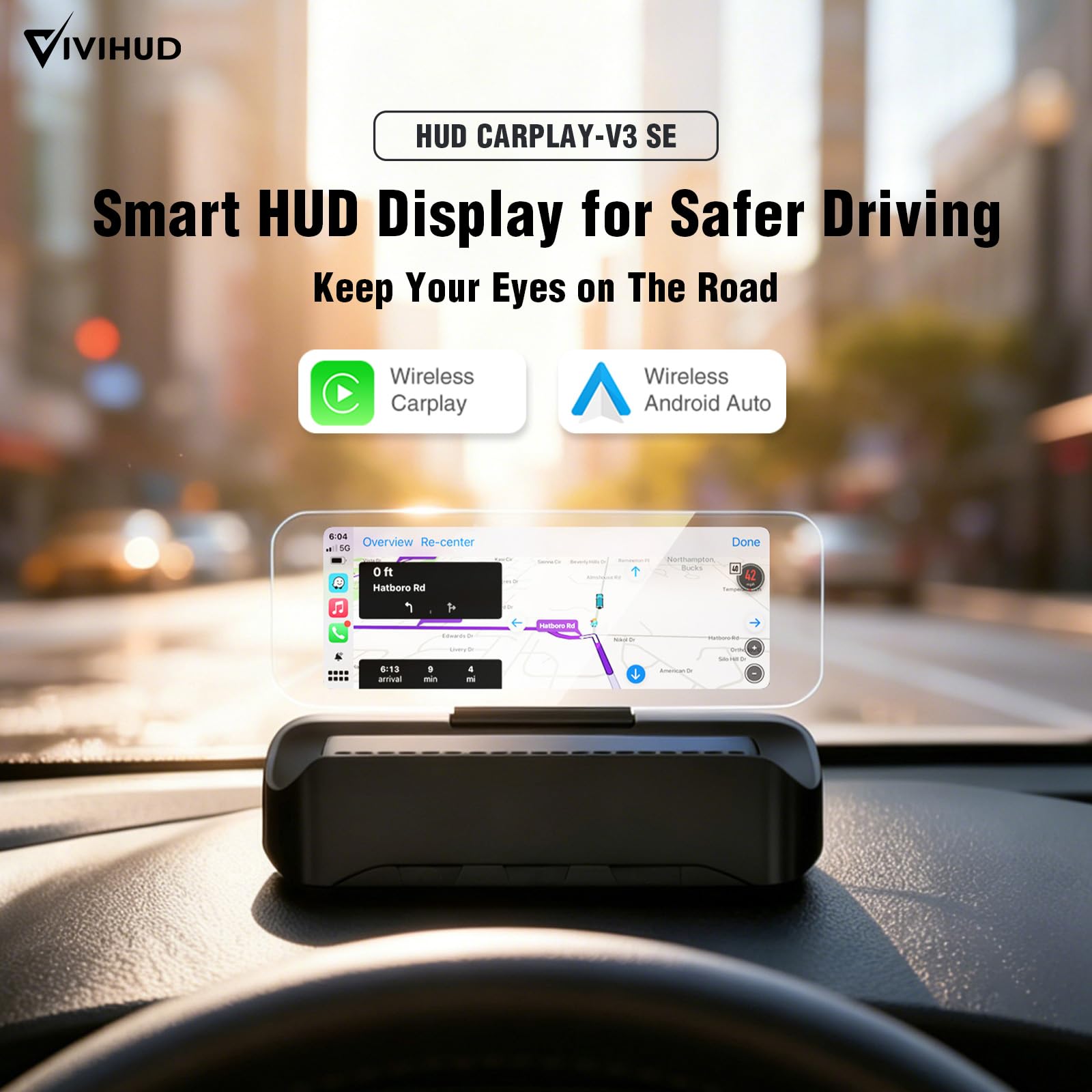 VIVIHUD V3-SE Bezprzewodowy CarPlay Android Samochód Samochód HUD Head-Up Wyświetlacz Klaster Ekran HD Odbłyśnik Bluetooth OBD2 GPS Prędkościomierz Plug-and-Play Inteligentna Automatyczna Jasność
