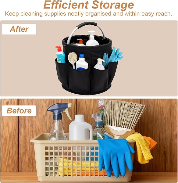 Organizer detersivi, borsa pieghevole per la pulizia, cestino per la da 17 litri con manico e 6 scomparti, borsa portatile per la pulizia contenitore per bagno soggiorno giardino (28x28 cm) - 4