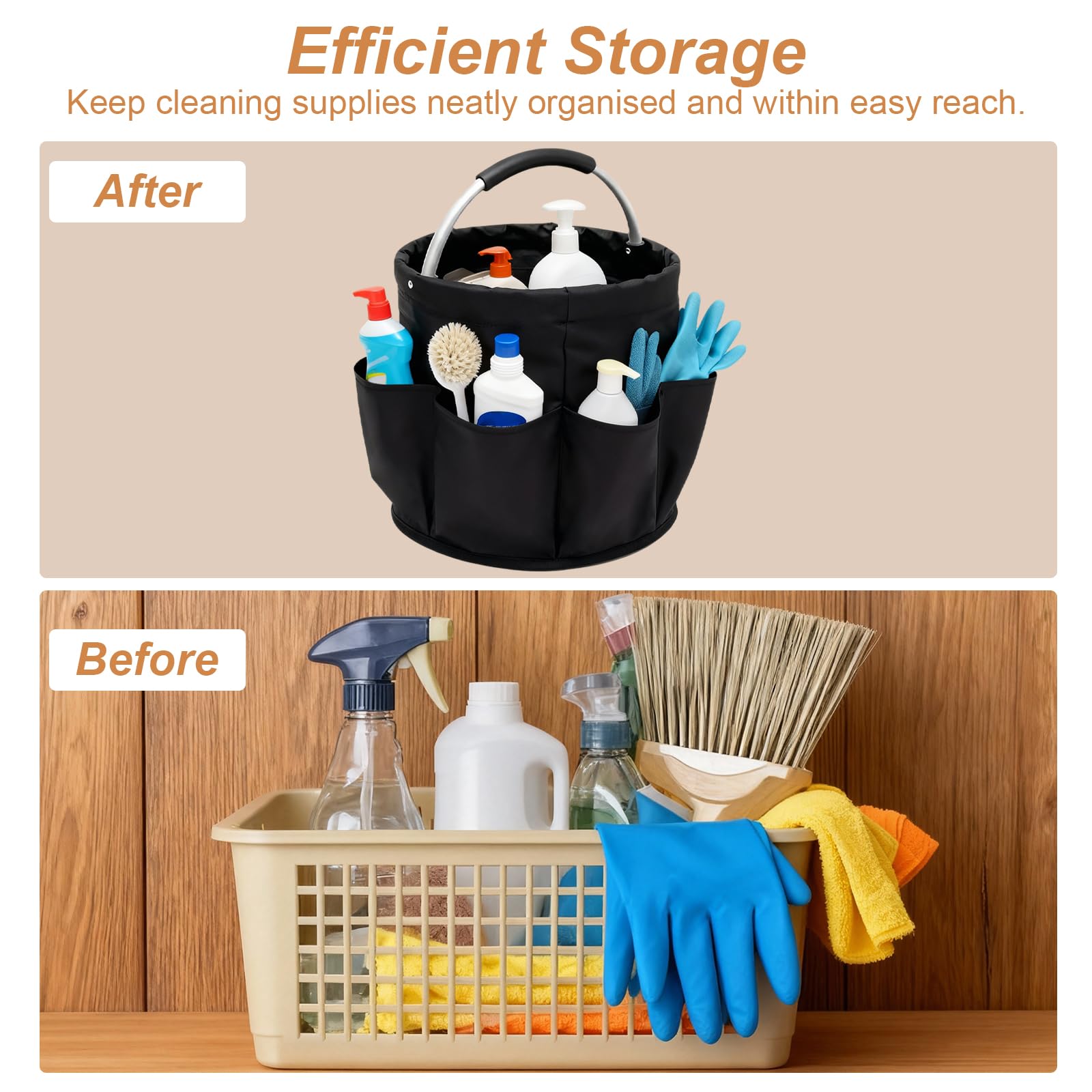 Organizer detersivi, borsa pieghevole per la pulizia, cestino per la da 17 litri con manico e 6 scomparti, borsa portatile per la pulizia contenitore per bagno soggiorno giardino (28x28 cm) - 4