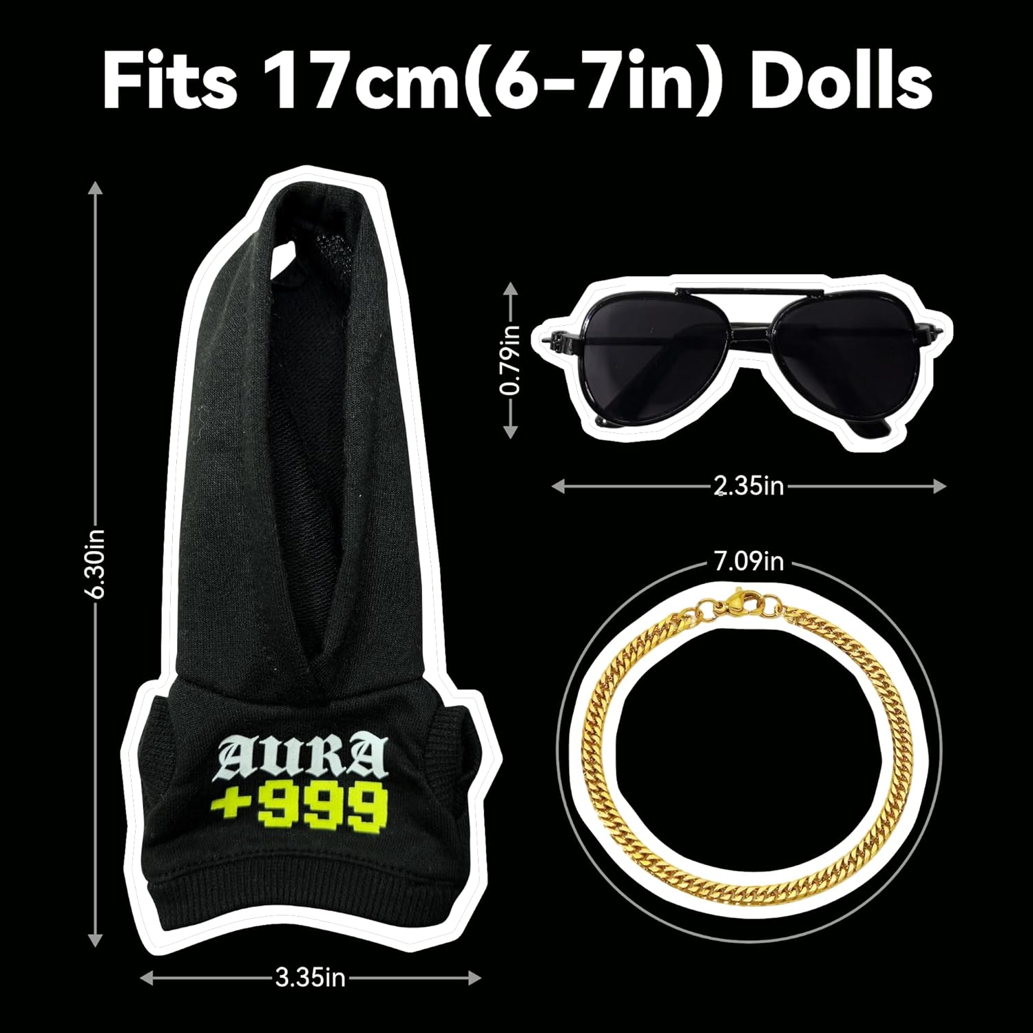 Street-Style for LABUBU Clothes or LABUBU Outfits, “Aura+999” Graphic Hoodie with Gold Chain & Aviator Sunglasses, Trendy Urban Style Clothes
