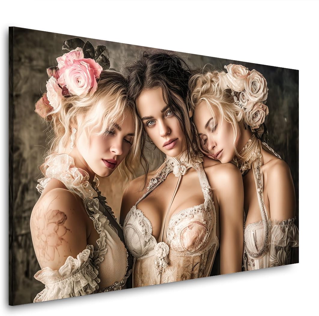 Kunstgestalten24 Erotic Canvas Picture with Three Women in Lace Lingerie - Sensual Romantic Motif on Real Wood Stretcher Frame - Wall Picture for Bedroom 90 x 60 cm with 4 cm Frame Depth