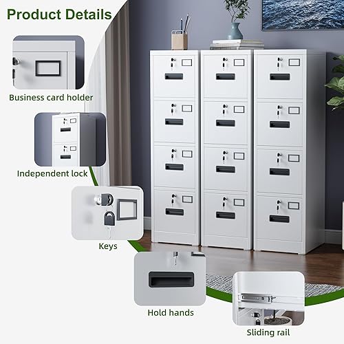 Miniatura 13 de Archivador vertical de metal con 4 cajones con 4 cerraduras independientes, archivador de oficina en casa con tarjetero para carpetas