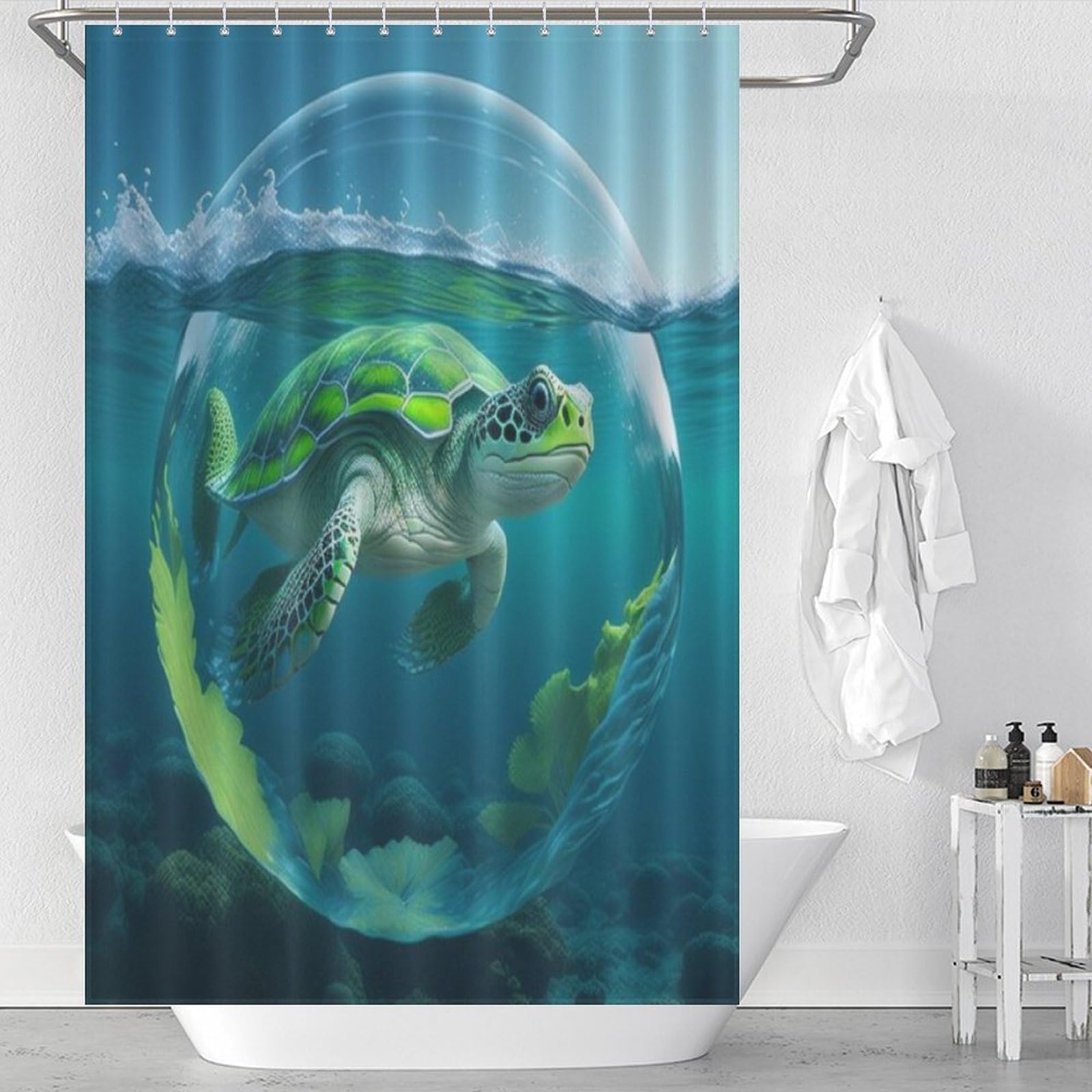 Rideau de douche tortue 122x183cm lavable en tissu avec 12 crochets