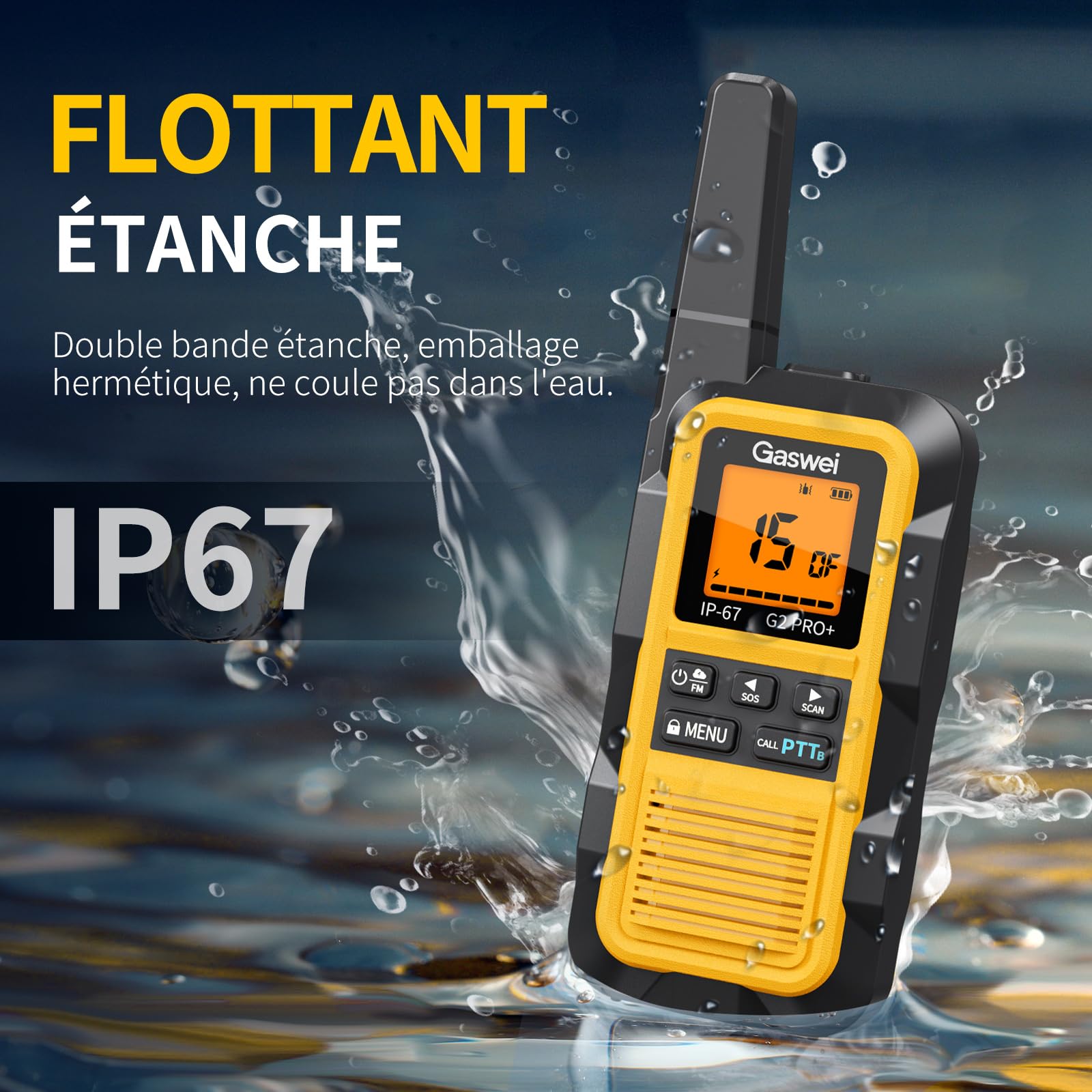 GASWEI G2Pro Talkie walkie Professionnel Étanches IP67 [Lot de 2] -PMR446 Talkie walkie Longue portée,Double PTT,VOX,Fonction SOS & Alerte,Radio FM,USB Chargeur et 1800 mAh Batterie (Gelb)