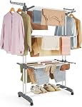 SONGMICS Sac de séchage pour vêtements 4-Tier, Raquette de séchage à linge pliable 173 cm Tall, Acier, Chevaux roulants, Lave-linge sécheuse Airer, Intérieur extérieur, Gris de colombe ULLR701G01V2