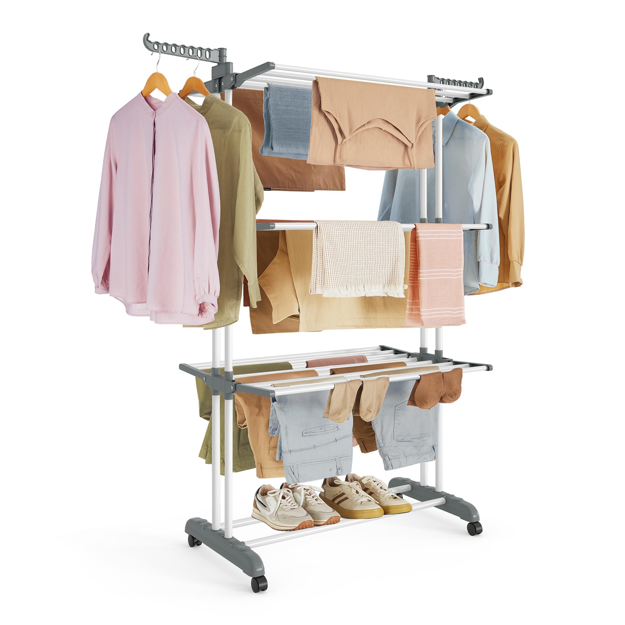 SONGMICS Clothes Drying Rack Stand 4-Tier, Foldable Laundry Drying Rack 68.1-Inch Tall, Steel, Rolling Clothes Horses Dryer Rack, Easy to Assemble, Indoor Outdoor Use, White ULLR701W01