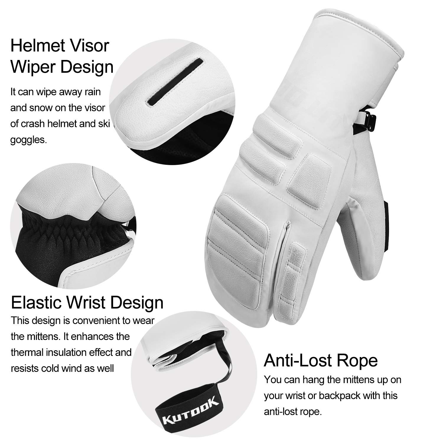 KUTOOK Skihandschuhe Ziegenleder 3M Thinsulate Fäustlinge 5 MM Eva HIPORA Wasserdicht Winddicht Strapazierfähig 3 Fingerhandschuhe Herren Damen für Ski Snowboard Wintersport(SF9503T)