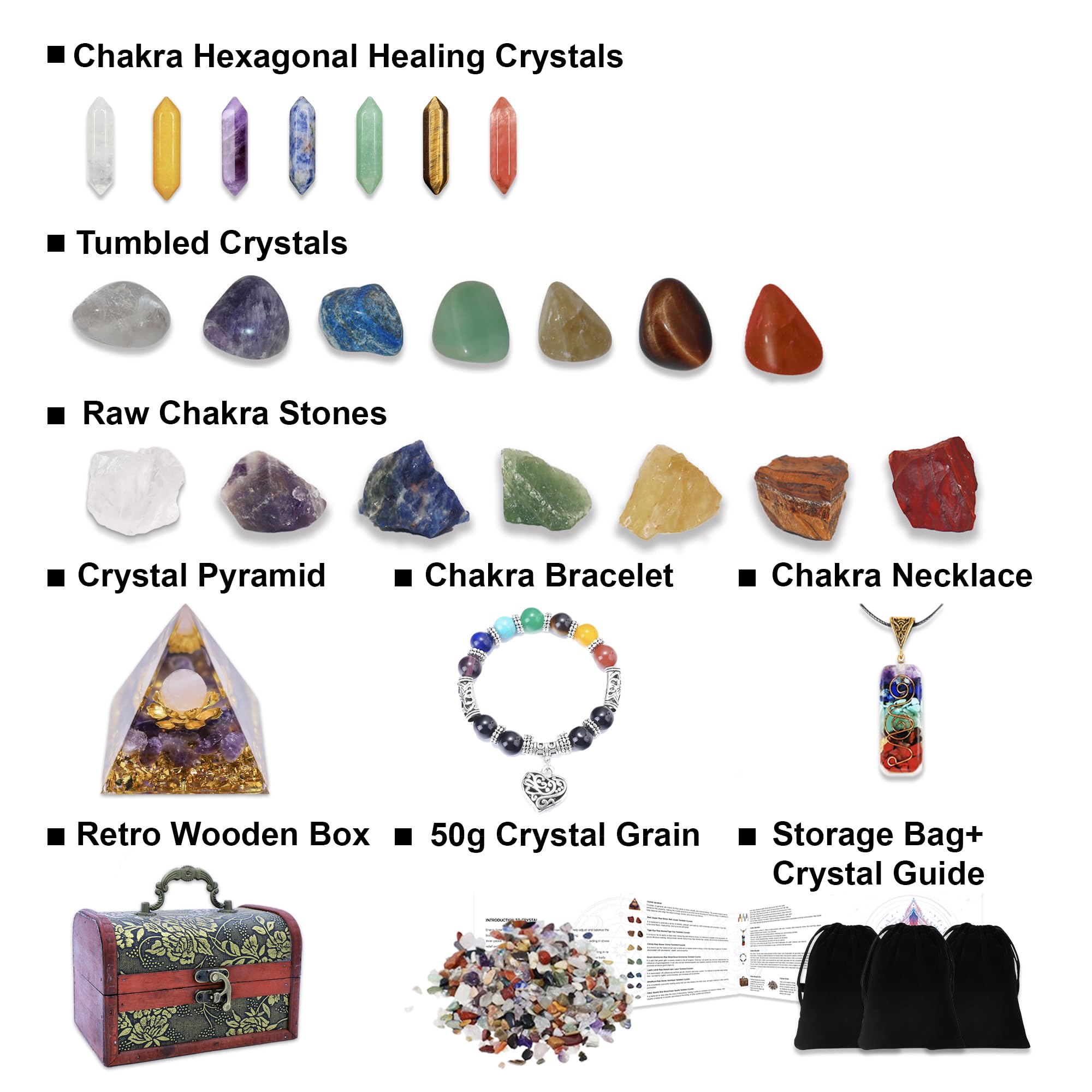 Chakra Healing Stones Set - 7 Raw & 7 Tumbled Crystals with 7 Bullet Shaped Stones, Chakra Necklace, Healing Bracelet & Orgone Pyramid - Spiritual Gift for Reiki, Meditation, Energy Balancing