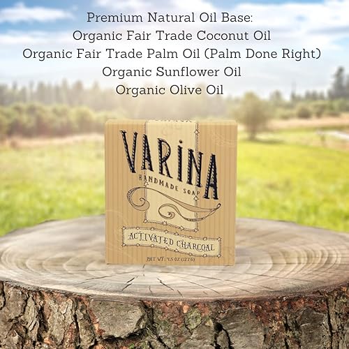 Miniatura 2 de Varina Jabón en barra de carbón activado orgánico, limpieza suave para pieles sensibles, sin perfume, paquete de 3, experimenta una piel sana y