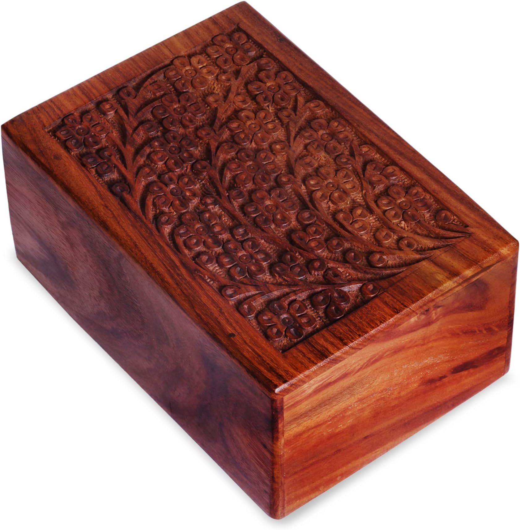 Wooden Hand Carved Urn Box-Beautifully Floral Engraved-Urn for Human & Pets Ashes-Cremation Urn for Dogs & Cats-Funeral Box-Large(Style5,9 x 6 x 4.5 inches) Large