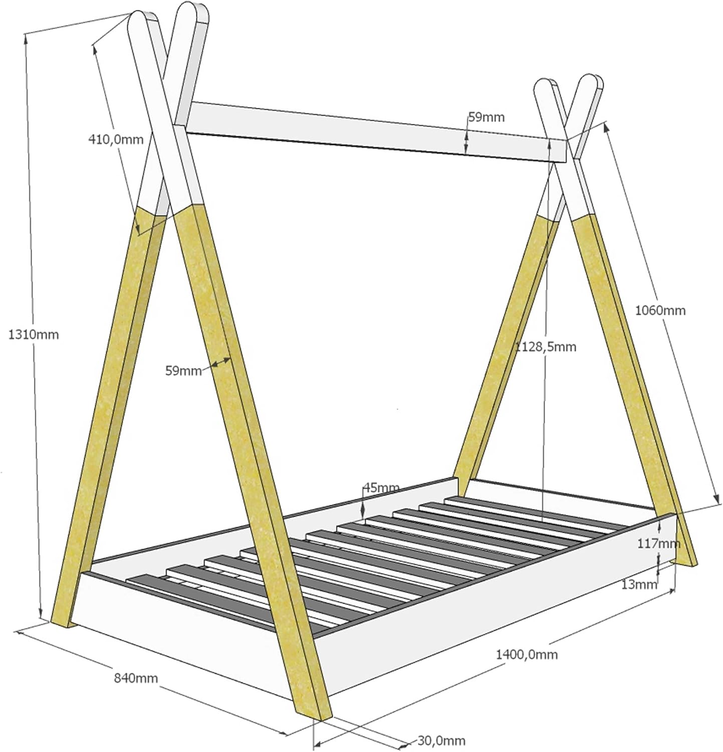 Technical drawing of the Vipack Tipi Funbed with detailed dimensions in millimeters.