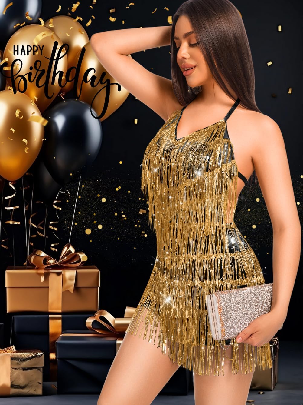 Kaei&Shi Sequin Fringe Romper,Sparkly Glitter Metallic Jumpsuits For Women,Backless Shorts Dress Disco Birthday Dance Outfit - Image 5