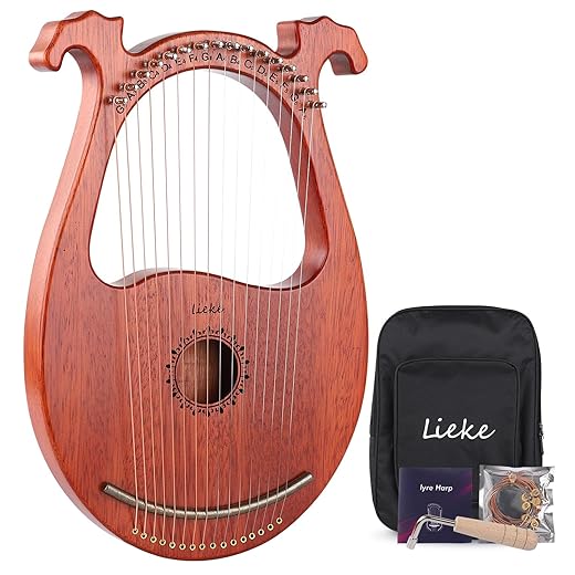 LIEKE Lyre Harp 16 Metal Strings,Mahogany Body and Copper Saddle,Mini Harp instrument Gift with Bag Tuning Wrench for Beginner Musician