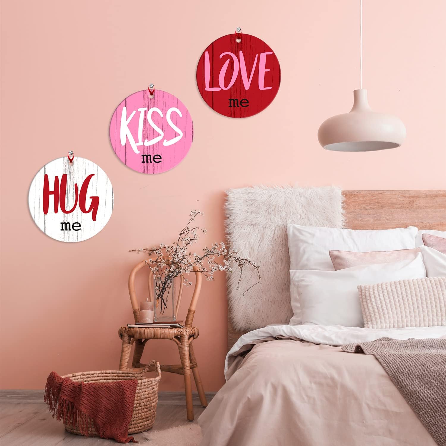 Soul Décor Valentines Day Ornaments Décor, Hug Me Love Me Kiss Me, Large 8" Round Metal Ornament, with Red Satin Ribbon