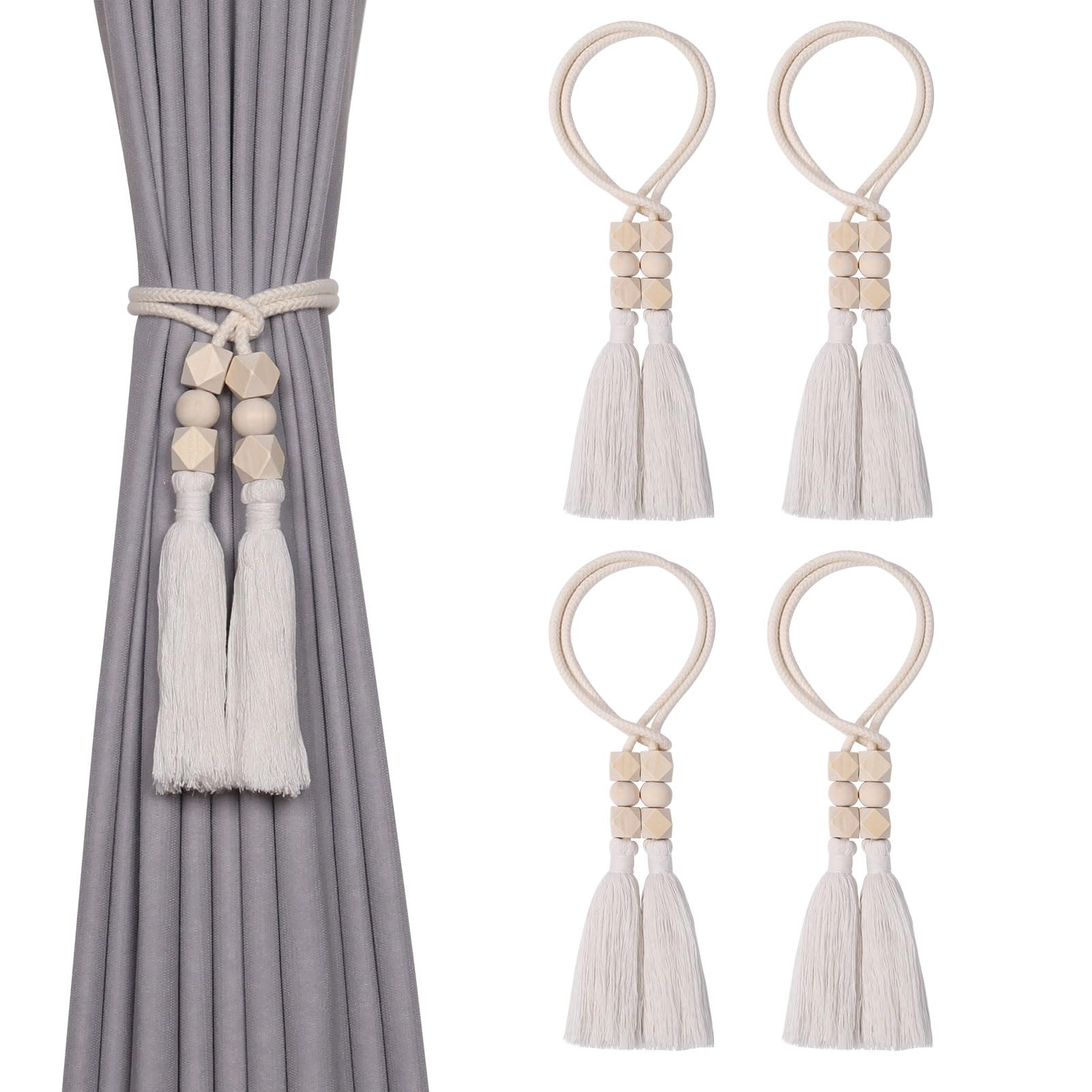 Pretty Jolly 4 Pack Natural Cotton Rope Tassel Curtain Tiebacks Boho Style Decorative Drape Tie Backs Elegant Wooden Beads Curtain Holdbacks for Home & Office Window Drapery (Wooden bead-F)