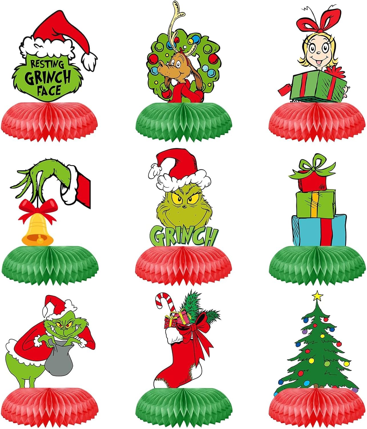 9 Pieces Christmas Honeycomb Centerpieces Green Elf Xmas Table Centerpieces Funny Green Whoville Table Toppers for Winter Holiday Christmas Decorations Party Supplies