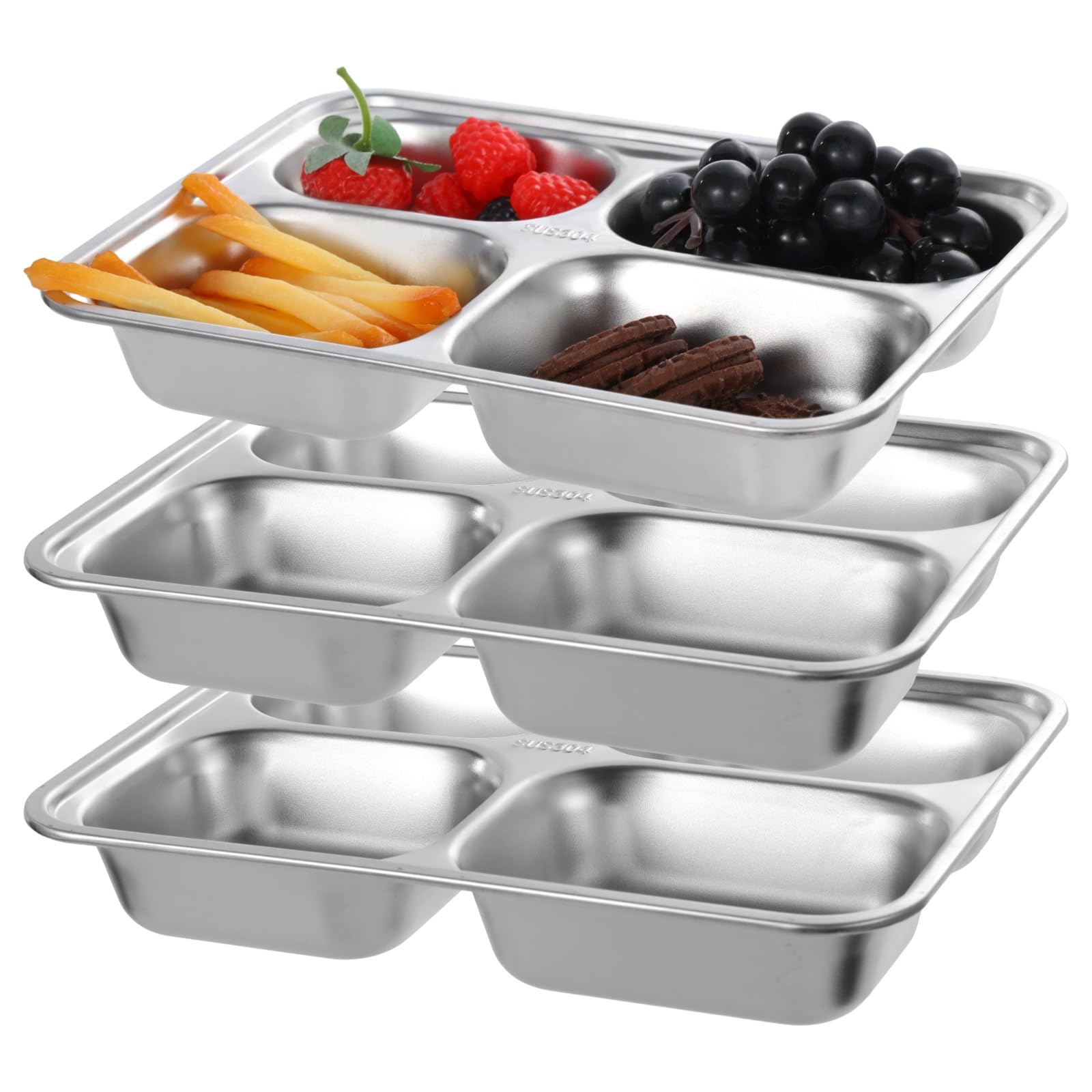 Epicover 3 PCS Stainless Steel Divided Snack Container, 4-Compartment Meal Tray, Quality and Stackable, 9.4 x 6.7 x 1.6 Inches, Ideal for Adults, Microwave Safe, Modern Minimalist Design