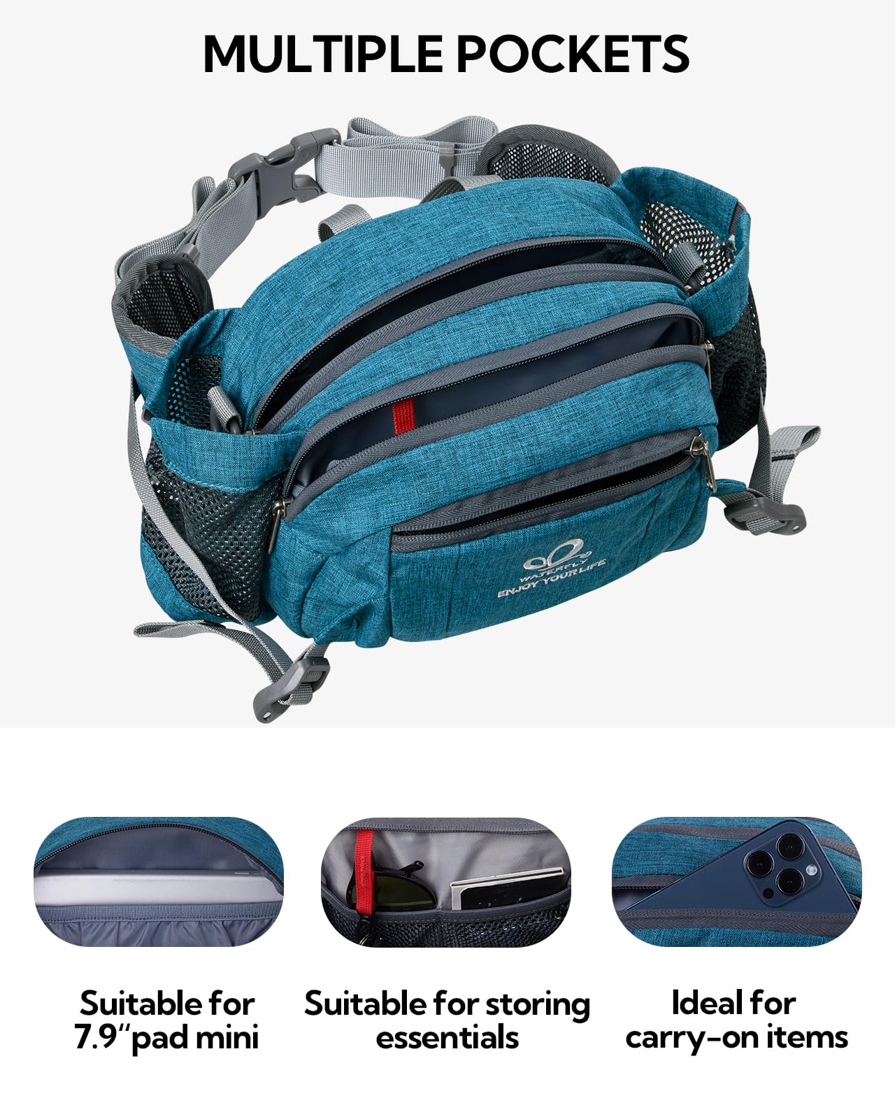 Waterfly Hiking Waist Pack Bum Bag Waist Bag with Bottle Holder Running Bag for Camping Climbing Travel Cycling and Dog Walking (Teal Blue) - Image 3