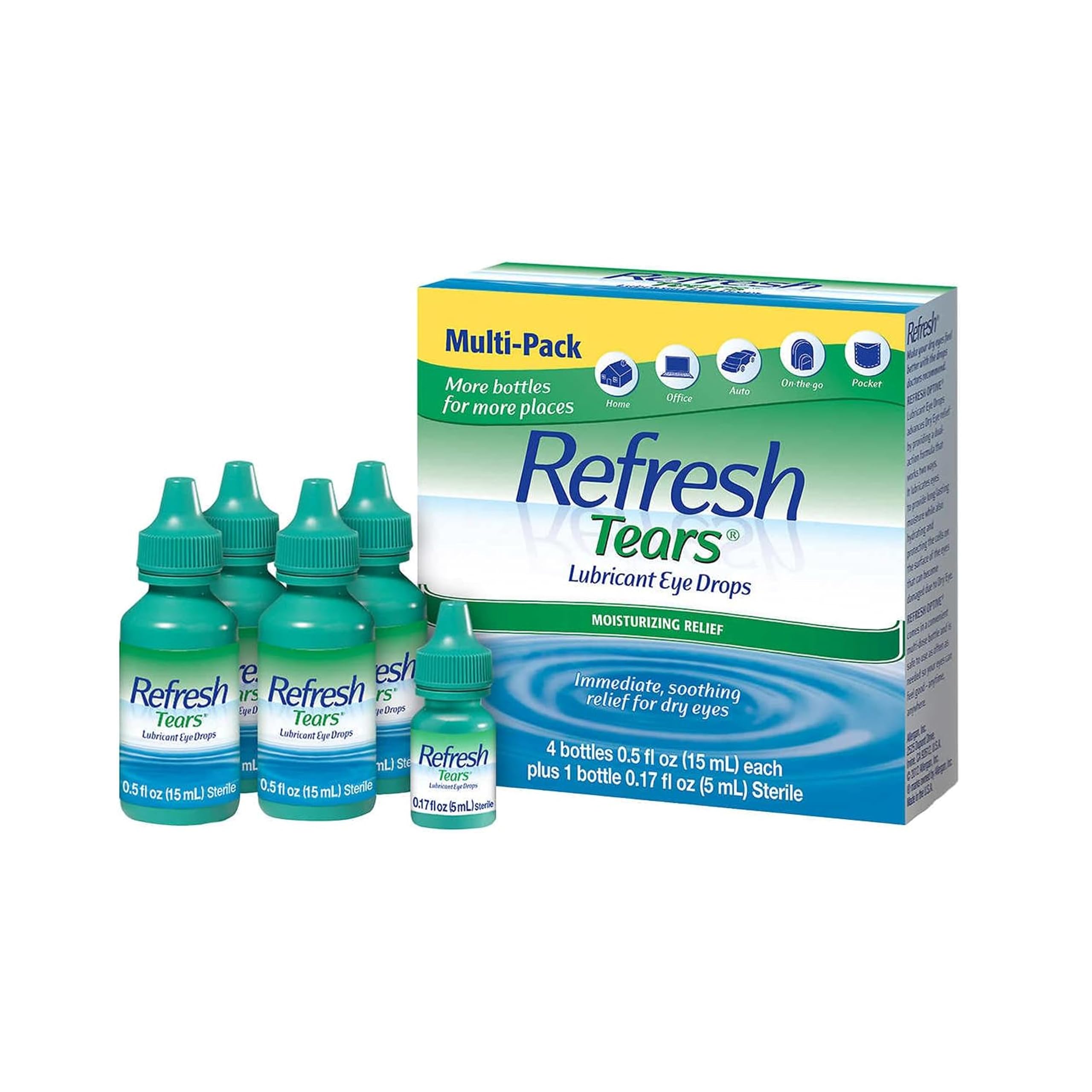 2.17 fl oz. Refresh Tears Lubricant Eye Drops, Moisture Drops for Dry Eyes. 4- .5 fl oz. Bottles and 1- .17 fl oz Bottle