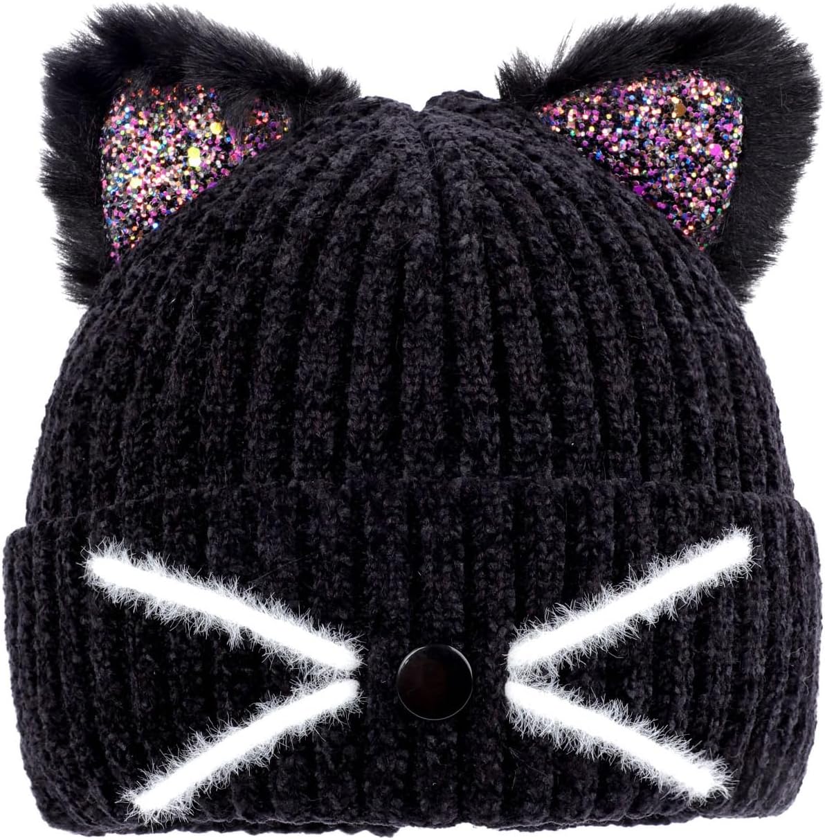 Kids Girls Glitter Cat Ears Hat Winter Warm Knit Beanie Cute Ski Skull Cap for Toddler Ages 3-8